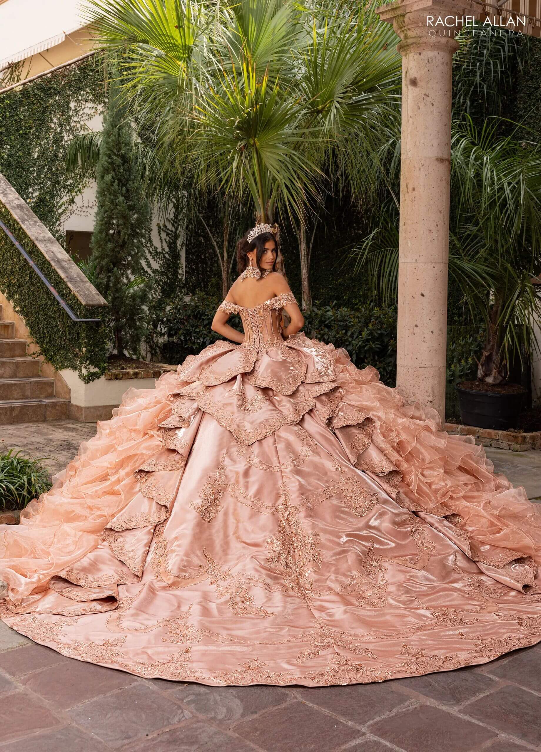 Latte Rose Gold Off the Shoulder Floor Length Crystal Satin Quinceanera Ball Gown with Tiered Ruffle Train Rachel Allan RQ6004