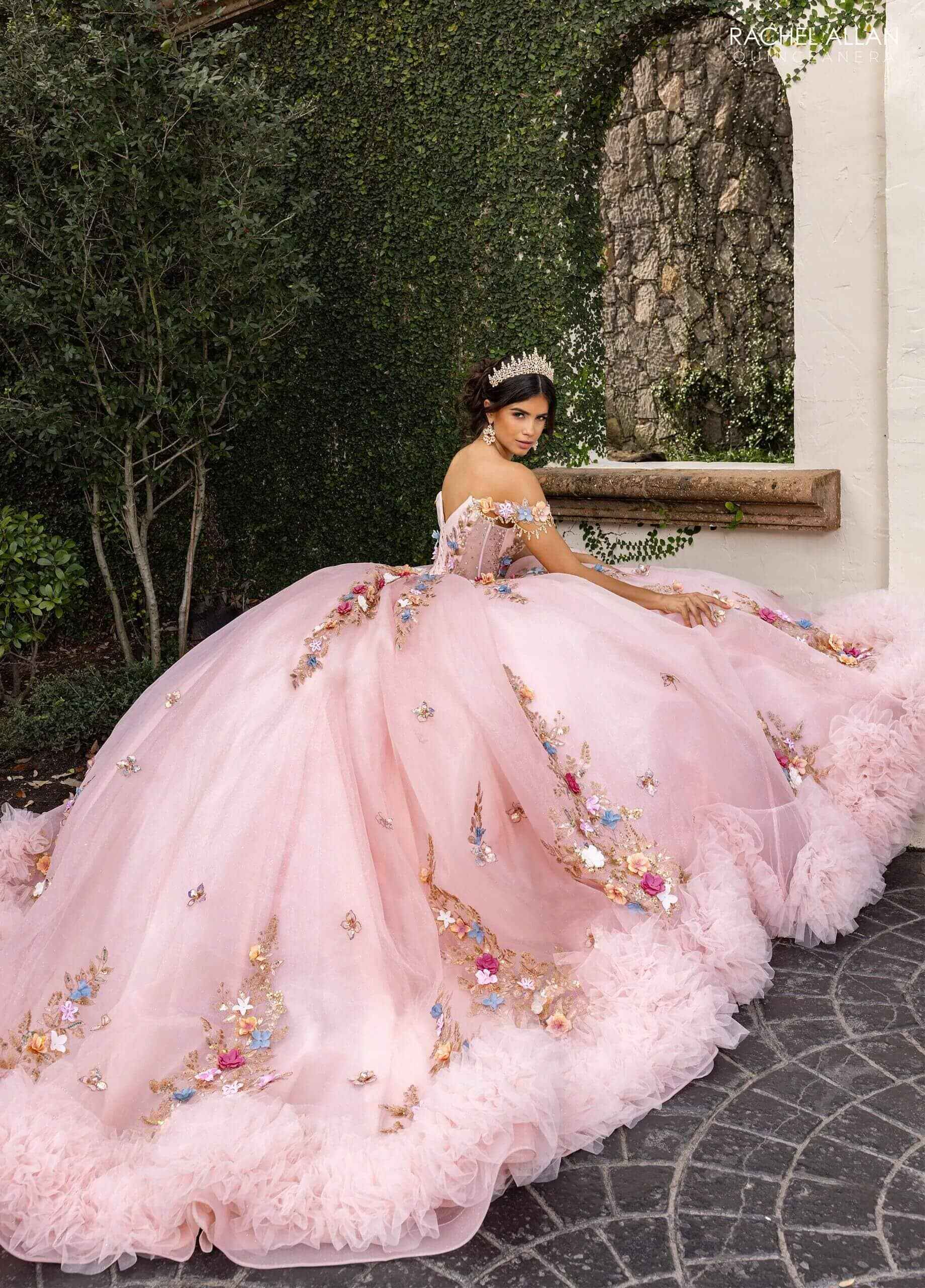 Champagne Multi Sweetheart Floor Length Glitter Tulle Quinceanera Ball Gown with 3D Floral Applique Ruffled Hem Rachel Allan RQ6000