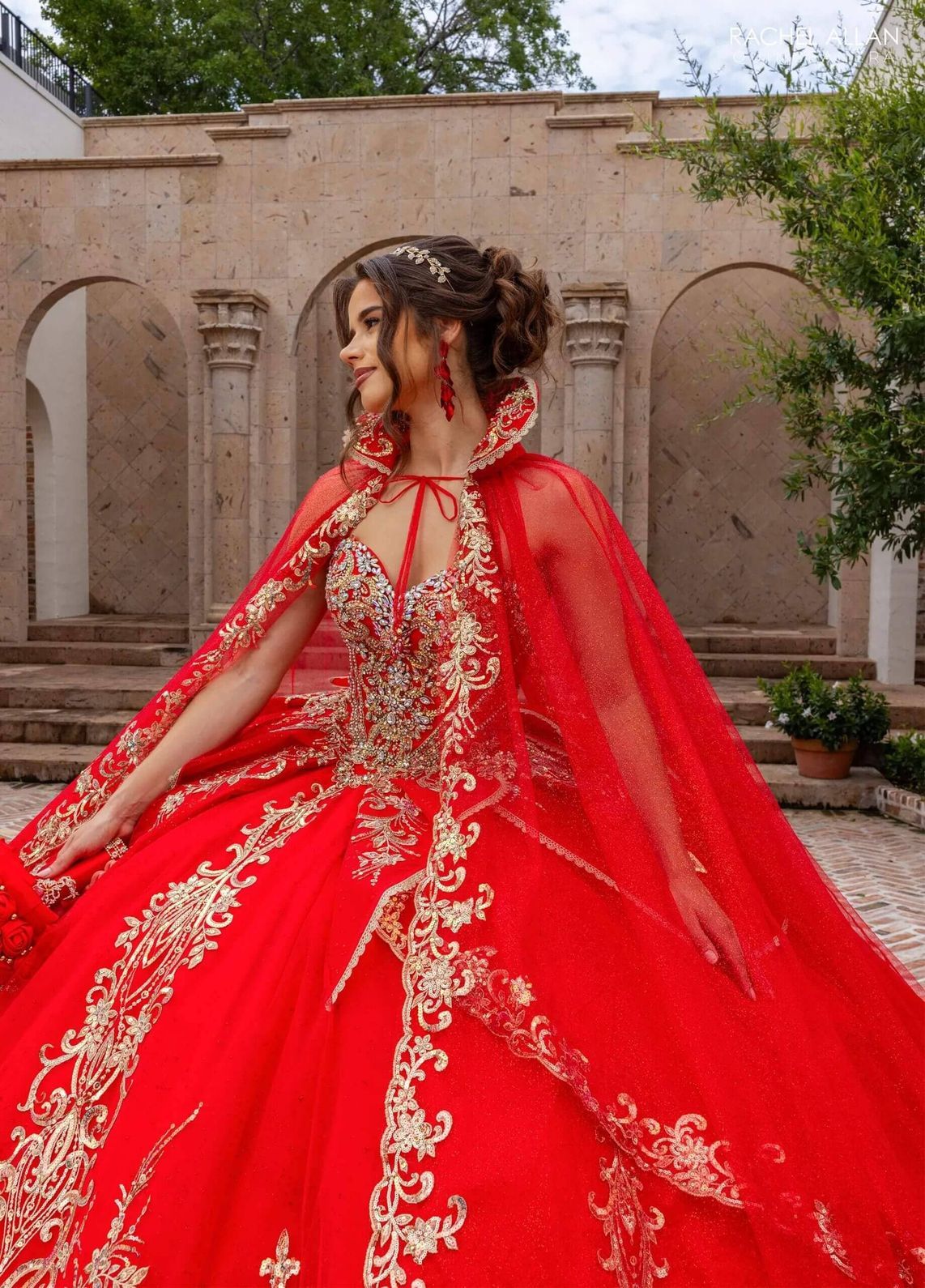 Red Gold Sweetheart Floor-Length Glitter Tulle Gown with Detachable Cape Formal Gown Rachel Allan RQ6015