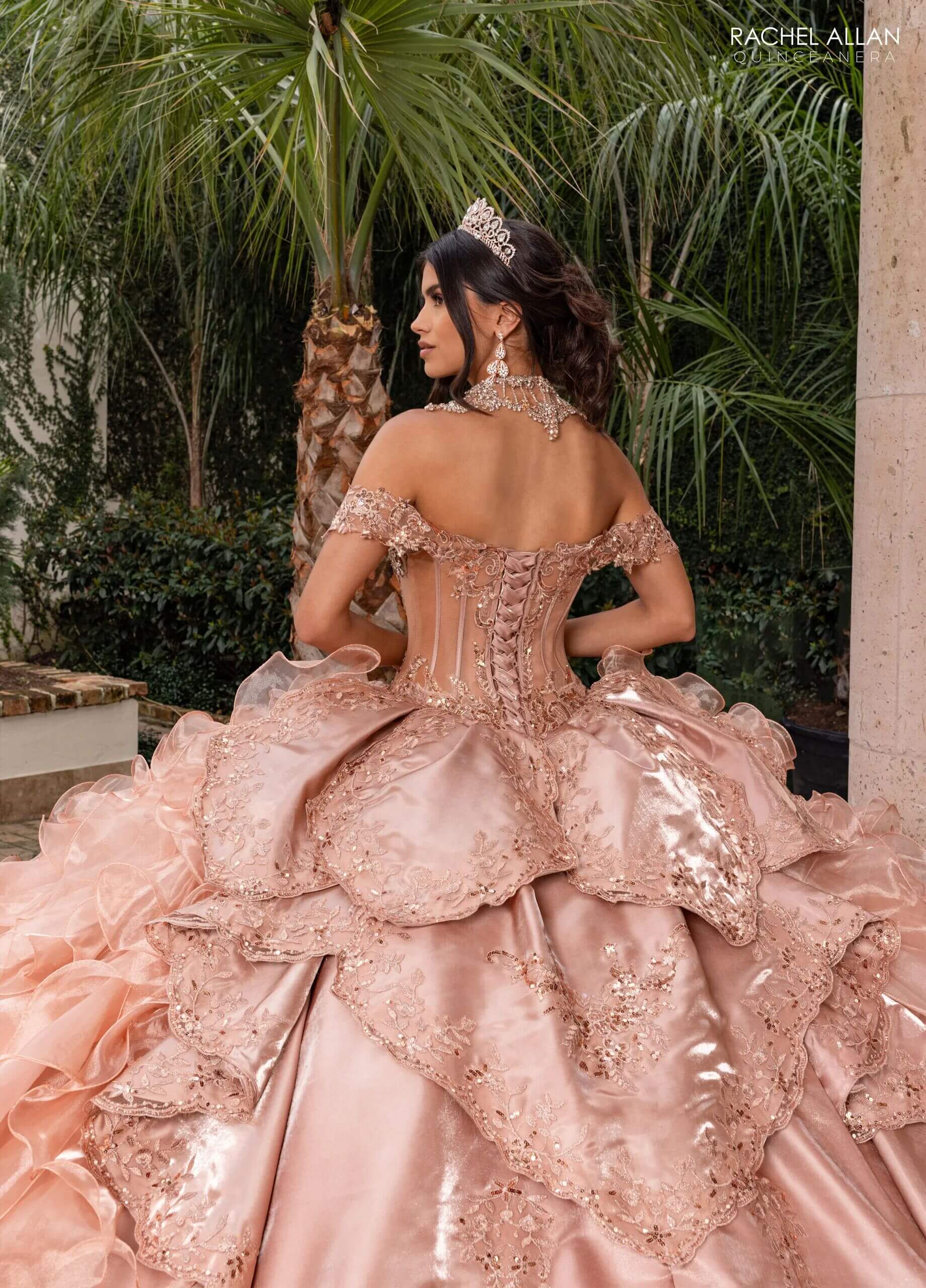 Latte Rose Gold Off the Shoulder Floor Length Crystal Satin Quinceanera Ball Gown with Tiered Ruffle Train Rachel Allan RQ6004