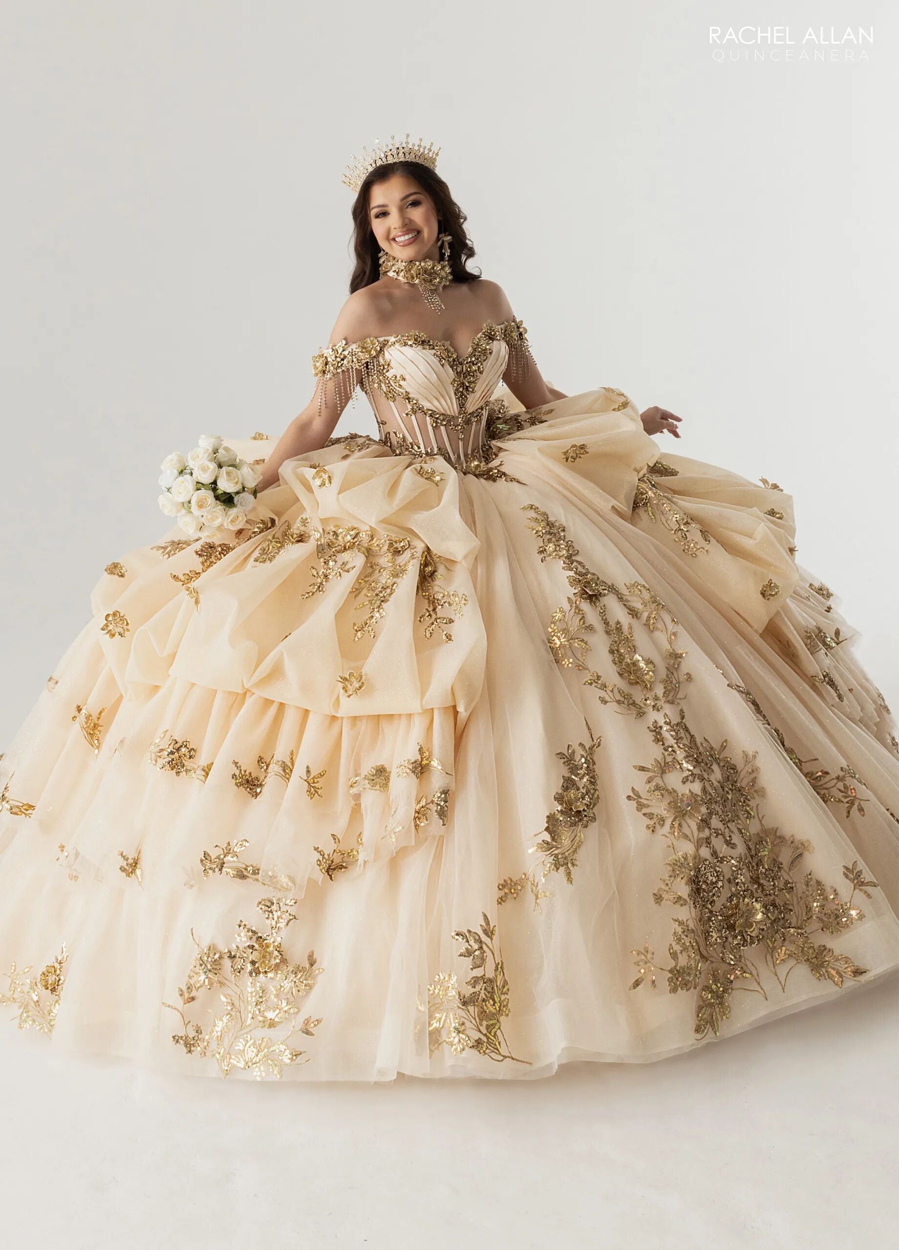 Champagne Gold Off-the-Shoulder Floor-Length Tulle Gown with Floral Embellishments Formal Gown Rachel Allan RQ6014