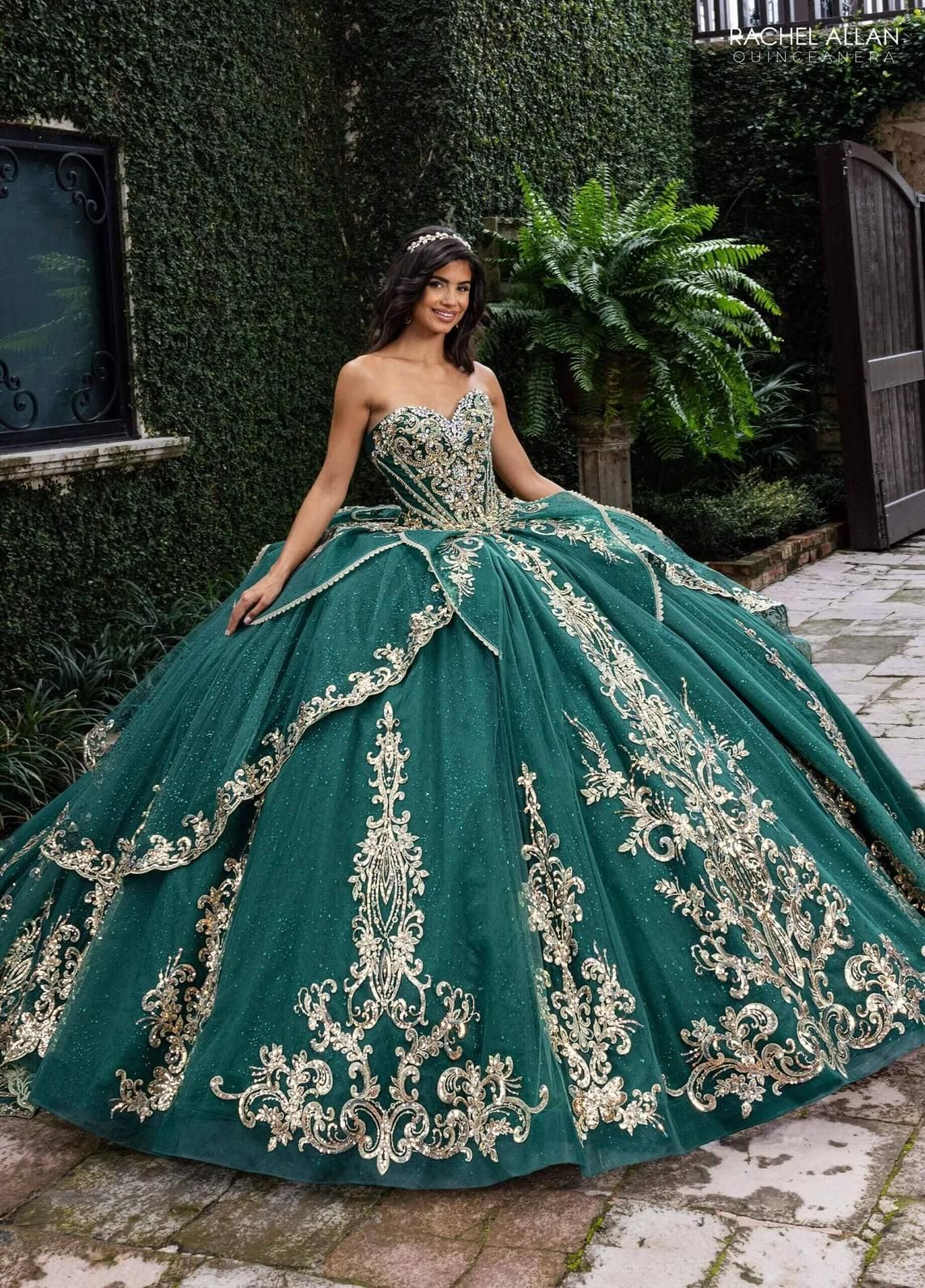 Emerald Gold Sweetheart Floor-Length Glitter Tulle Gown with Detachable Cape Formal Gown Rachel Allan RQ6015