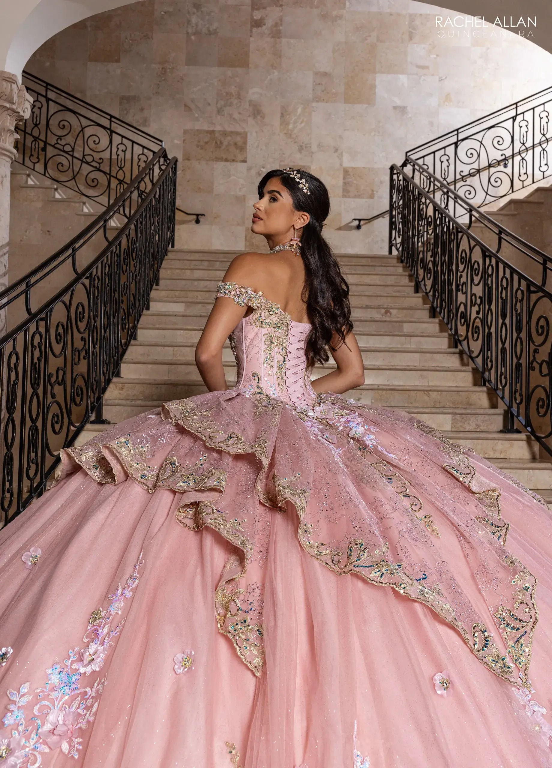 Rose Gold Off-the-Shoulder Floor-Length Sequin Quinceañera Dress with Floral Appliqué – Rachel Allan RQ6010