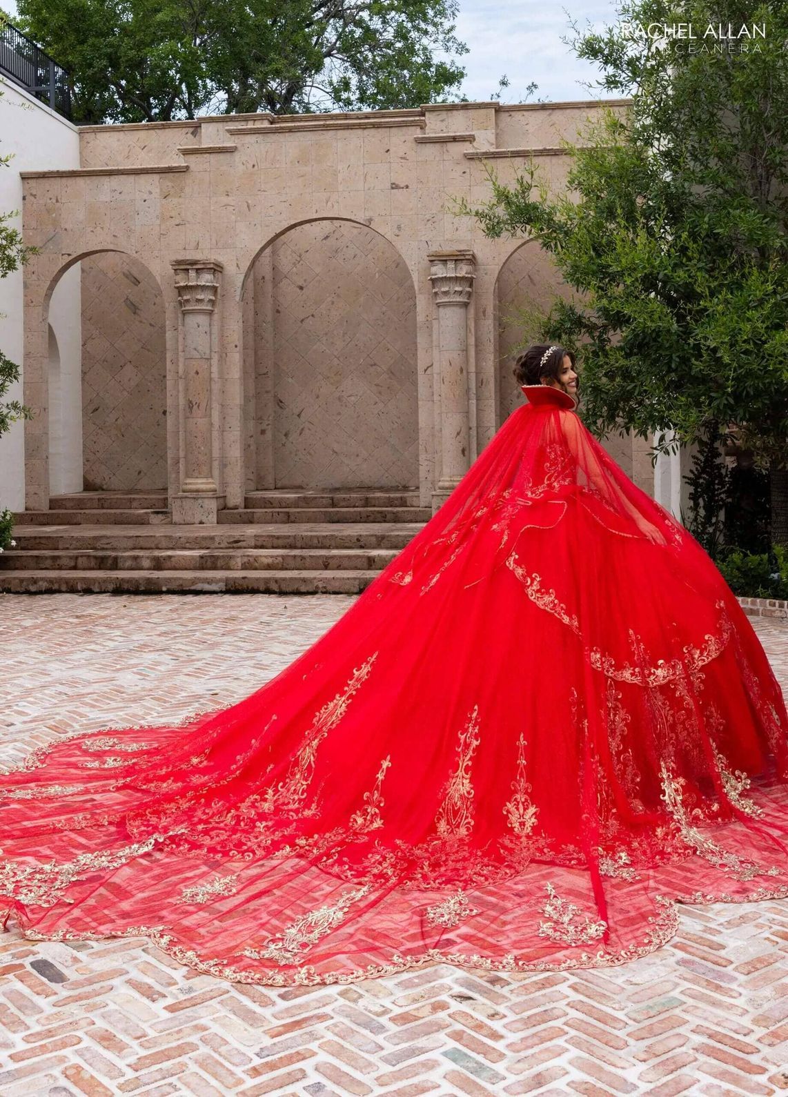 Red Gold Sweetheart Floor-Length Glitter Tulle Gown with Detachable Cape Formal Gown Rachel Allan RQ6015