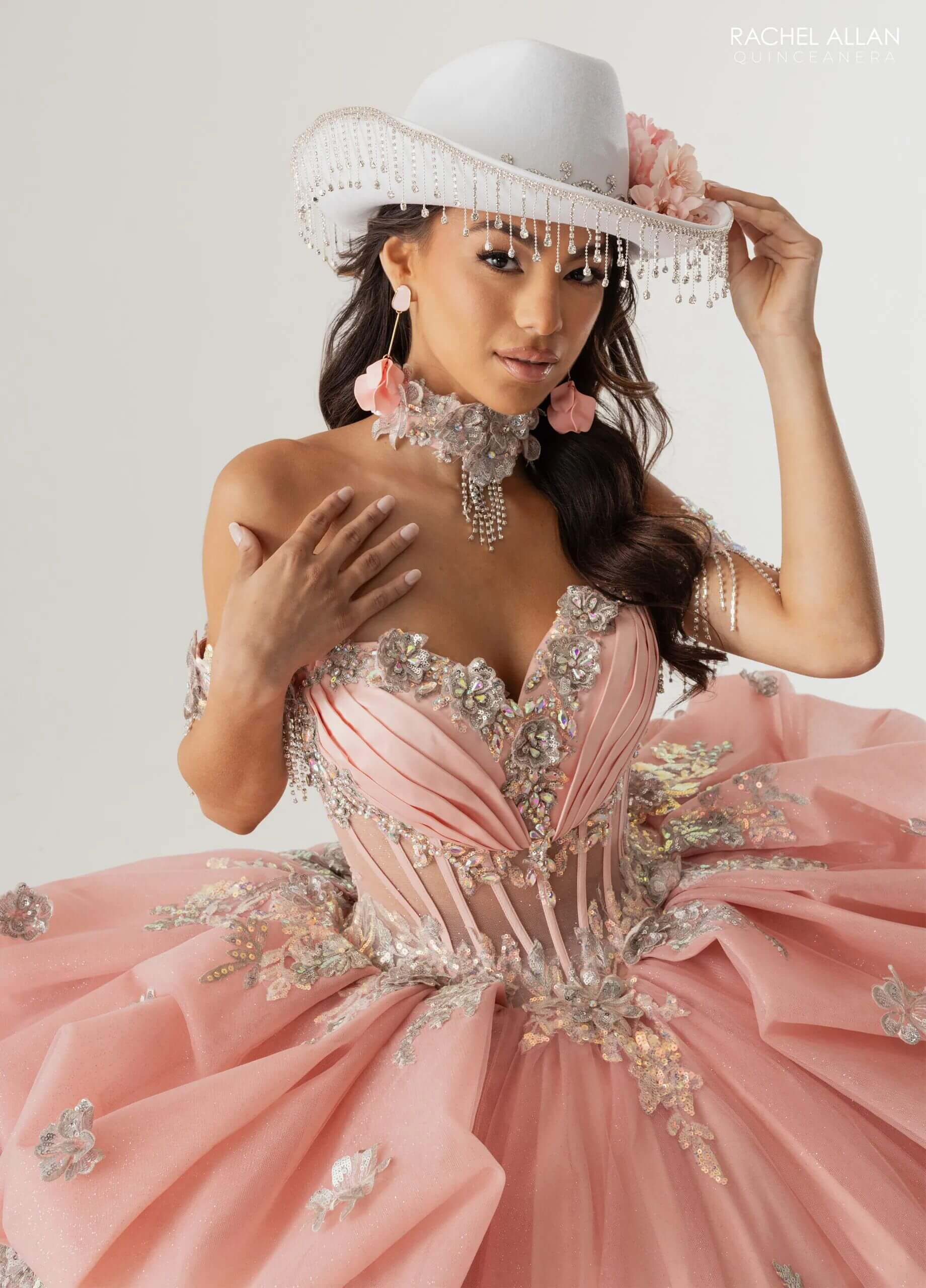 Rose Pink Silver Off-the-Shoulder Floor-Length Tulle Gown with Floral Embellishments Formal Gown Rachel Allan RQ6014