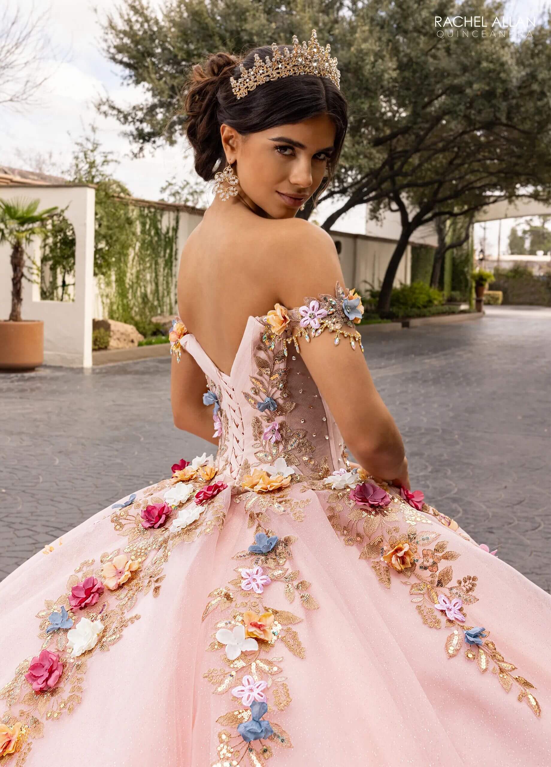 Champagne Multi Sweetheart Floor Length Glitter Tulle Quinceanera Ball Gown with 3D Floral Applique Ruffled Hem Rachel Allan RQ6000