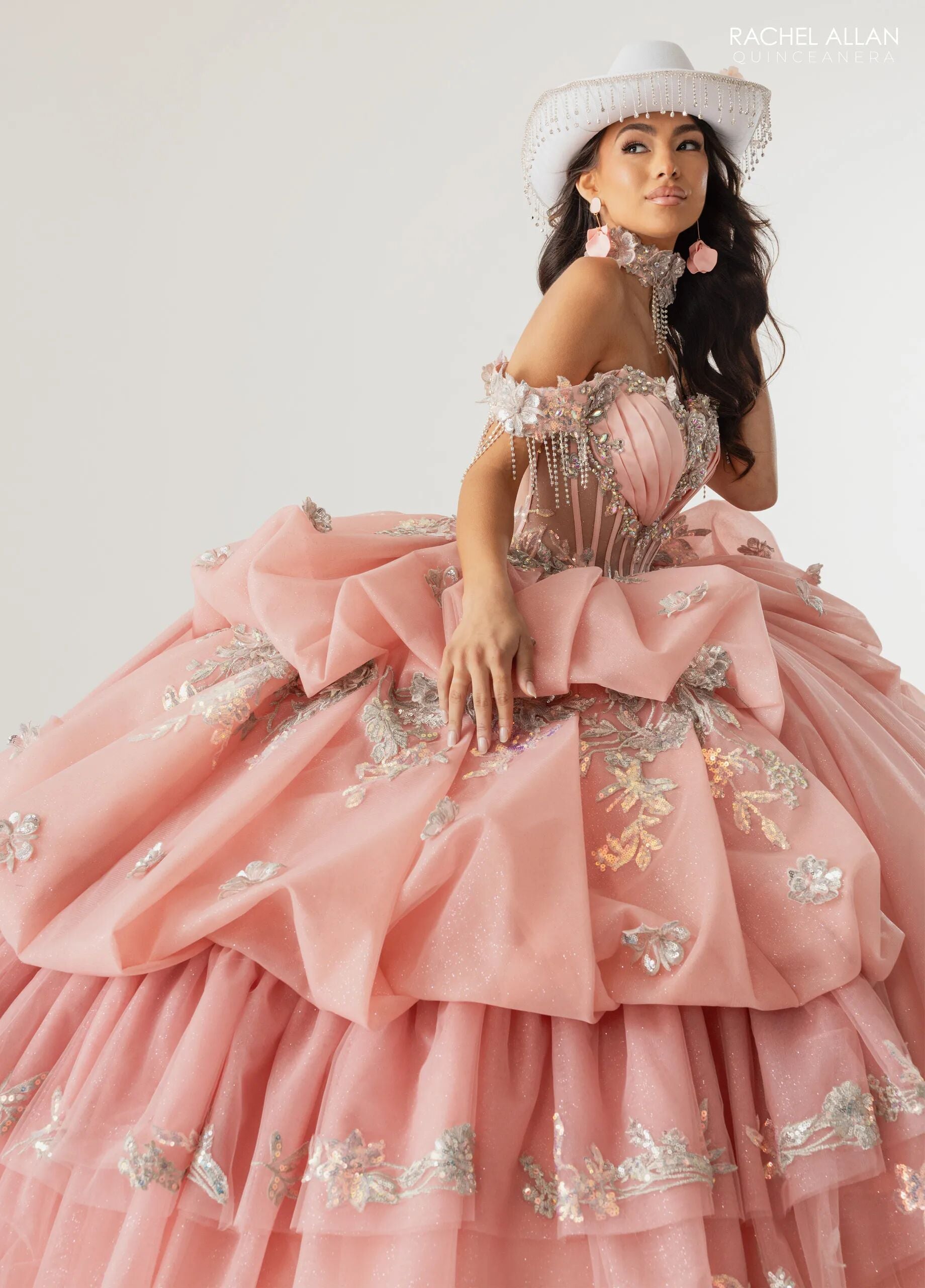 Rose Pink Silver Off-the-Shoulder Floor-Length Tulle Gown with Floral Embellishments Formal Gown Rachel Allan RQ6014