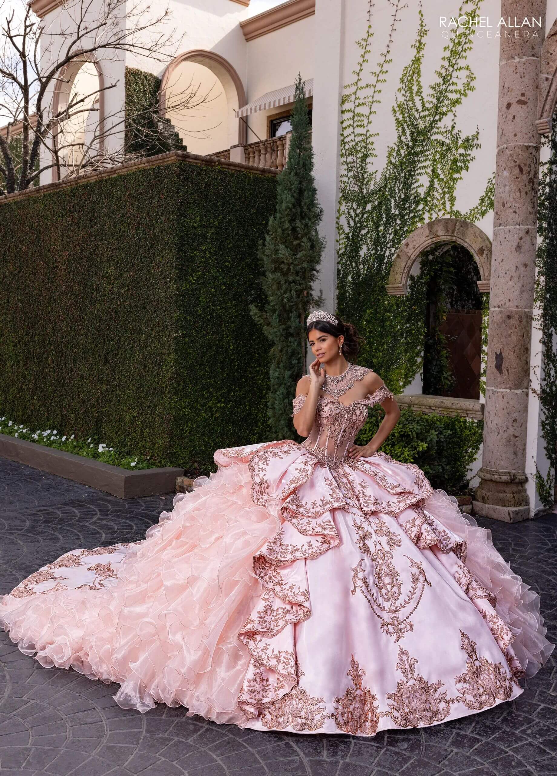 Rose Gold Off the Shoulder Floor Length Crystal Satin Quinceanera Ball Gown with Tiered Ruffle Train Rachel Allan RQ6004