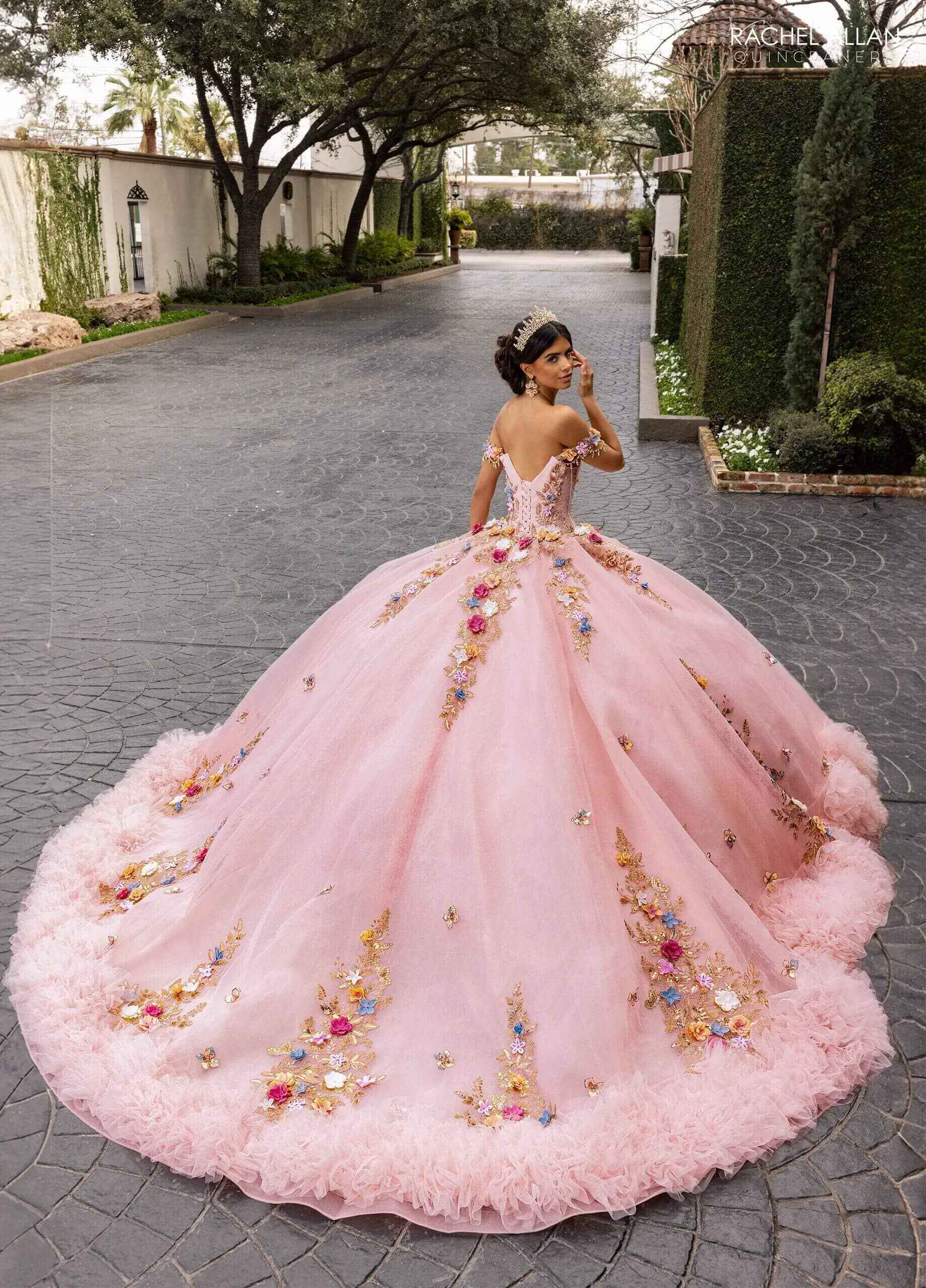 Champagne Multi Sweetheart Floor Length Glitter Tulle Quinceanera Ball Gown with 3D Floral Applique Ruffled Hem Rachel Allan RQ6000