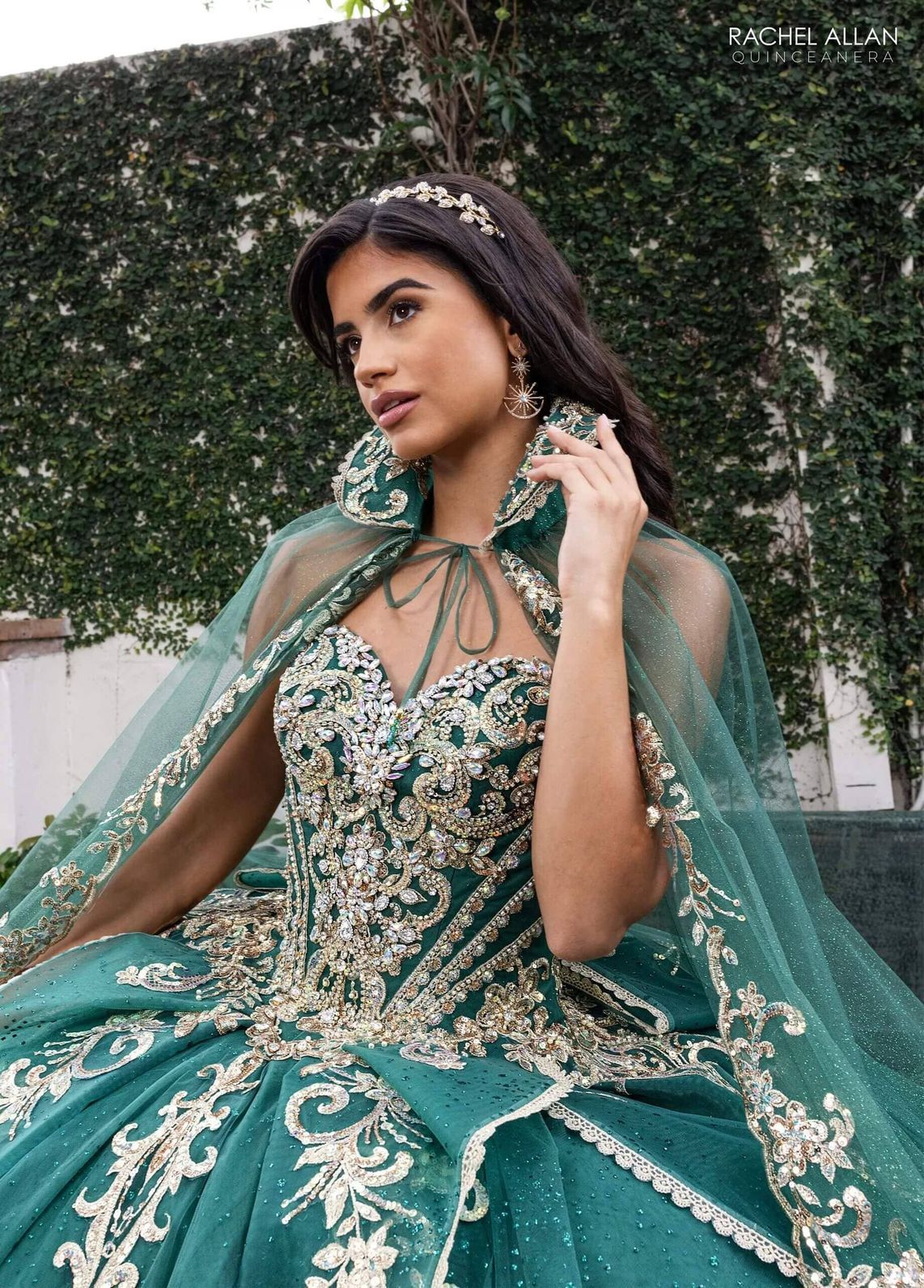 Emerald Gold Sweetheart Floor-Length Glitter Tulle Gown with Detachable Cape Formal Gown Rachel Allan RQ6015