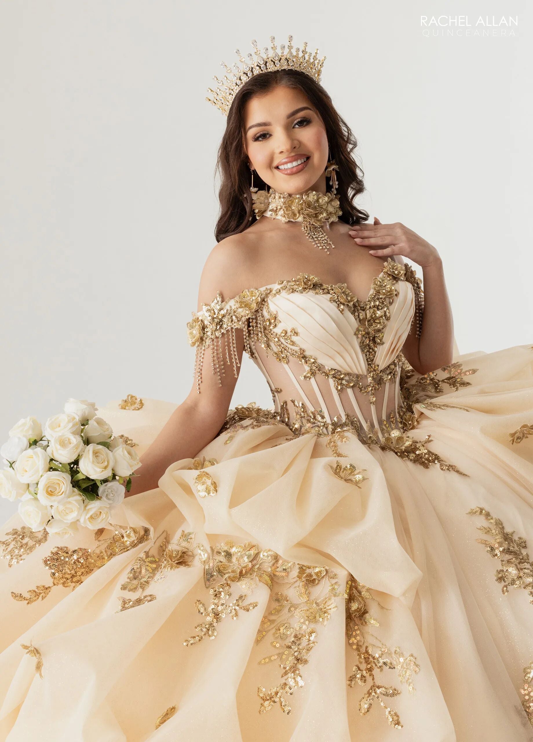 Champagne Gold Off-the-Shoulder Floor-Length Tulle Gown with Floral Embellishments Formal Gown Rachel Allan RQ6014