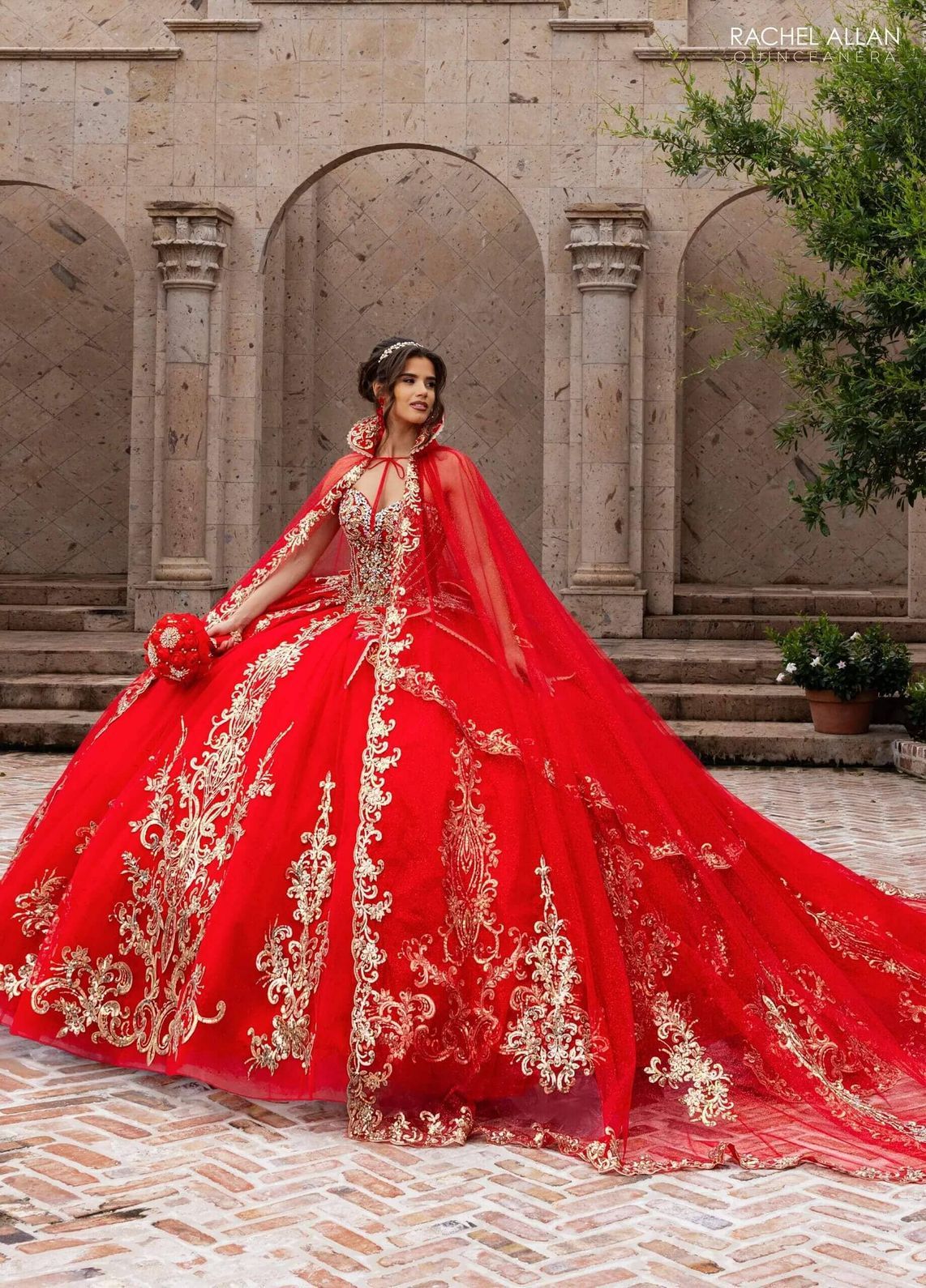 Red Gold Sweetheart Floor-Length Glitter Tulle Gown with Detachable Cape Formal Gown Rachel Allan RQ6015