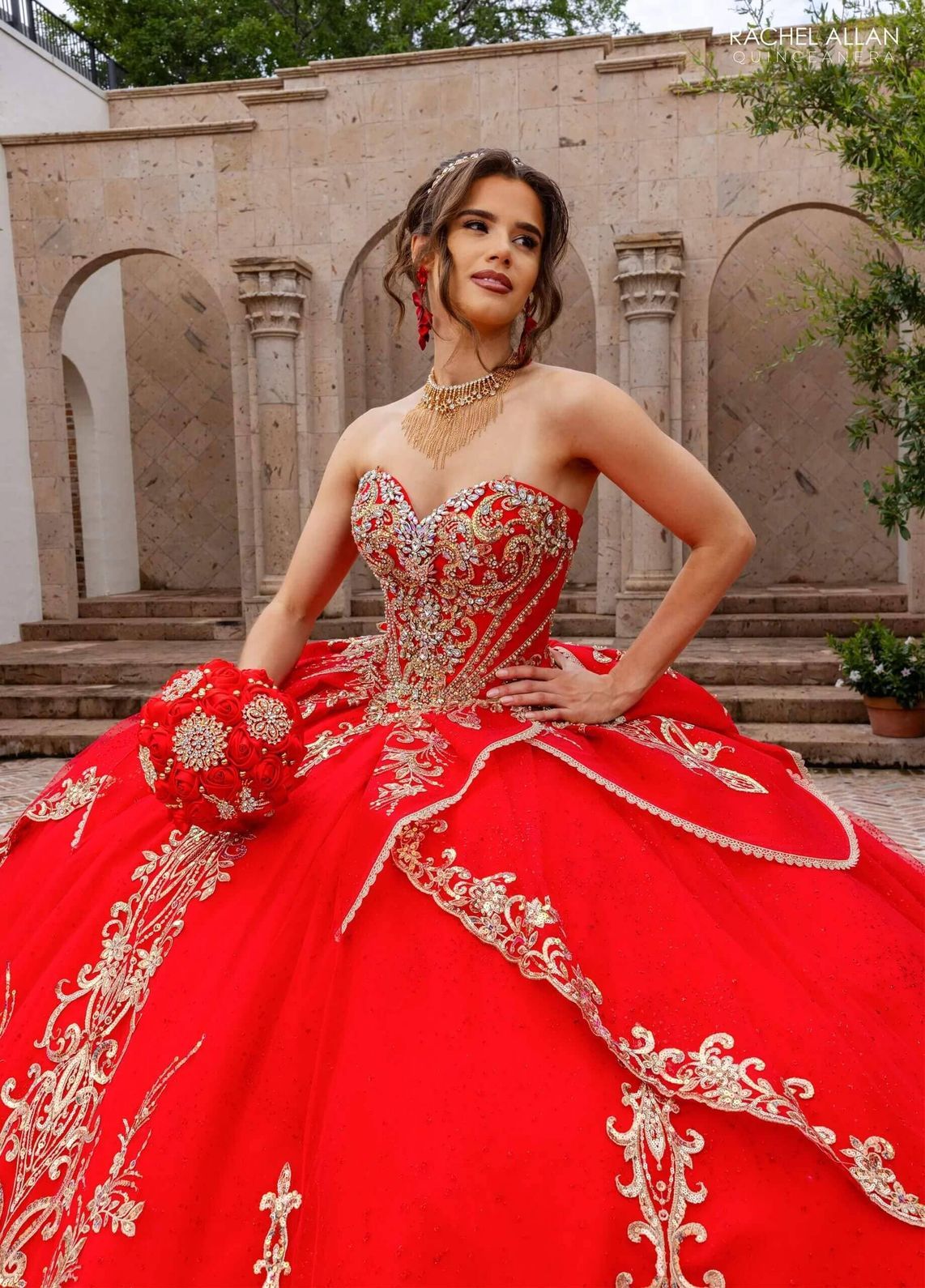 Red Gold Sweetheart Floor-Length Glitter Tulle Gown with Detachable Cape Formal Gown Rachel Allan RQ6015