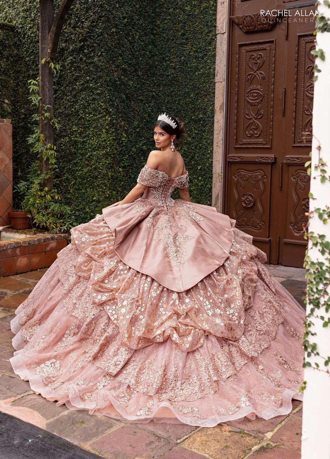 Latte Off the Shoulder Floor Length Tulle Quinceanera Ball Gown with Beading Rachel Allan RQ6001