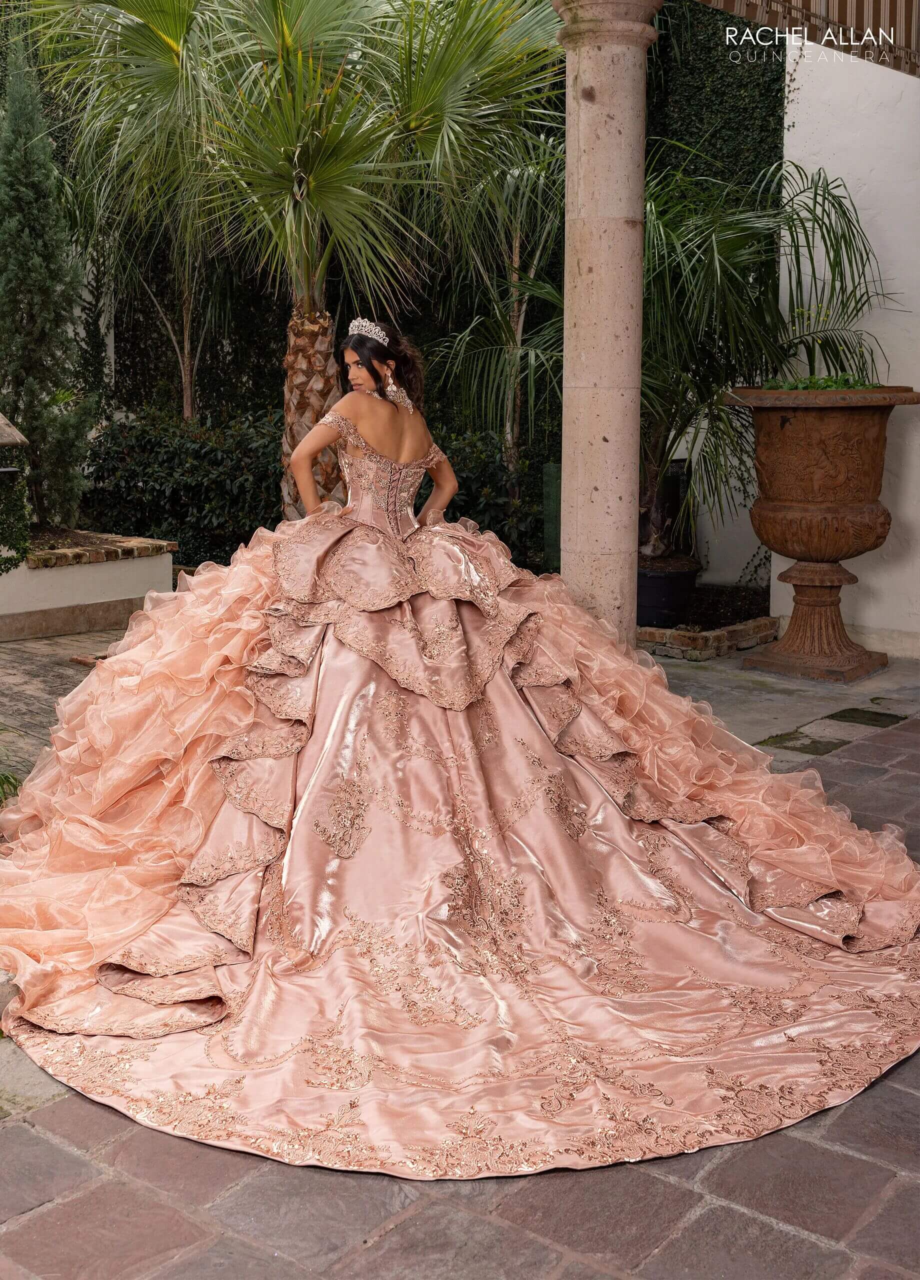 Latte Rose Gold Off the Shoulder Floor Length Crystal Satin Quinceanera Ball Gown with Tiered Ruffle Train Rachel Allan RQ6004