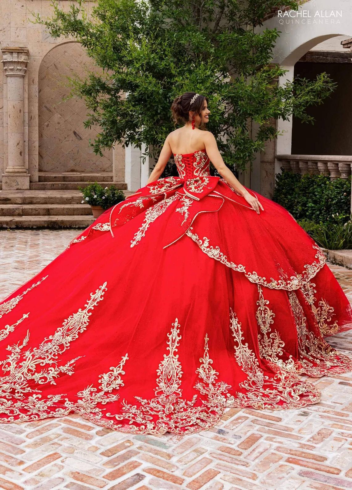 Red Gold Sweetheart Floor-Length Glitter Tulle Gown with Detachable Cape Formal Gown Rachel Allan RQ6015