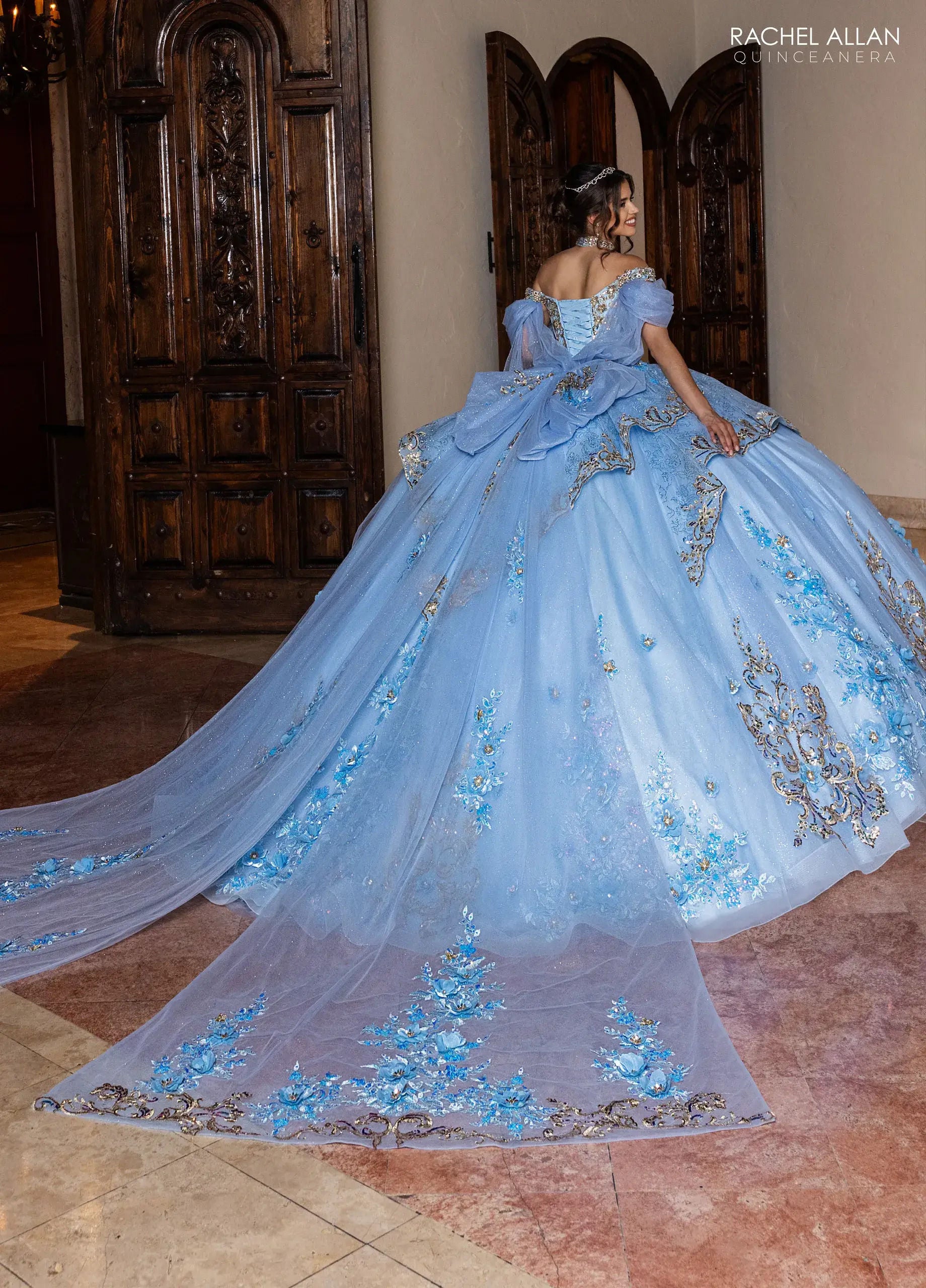 Light Blue Gold Off-the-Shoulder Floor-Length Sequin Quinceañera Dress with Floral Appliqué – Rachel Allan RQ6010