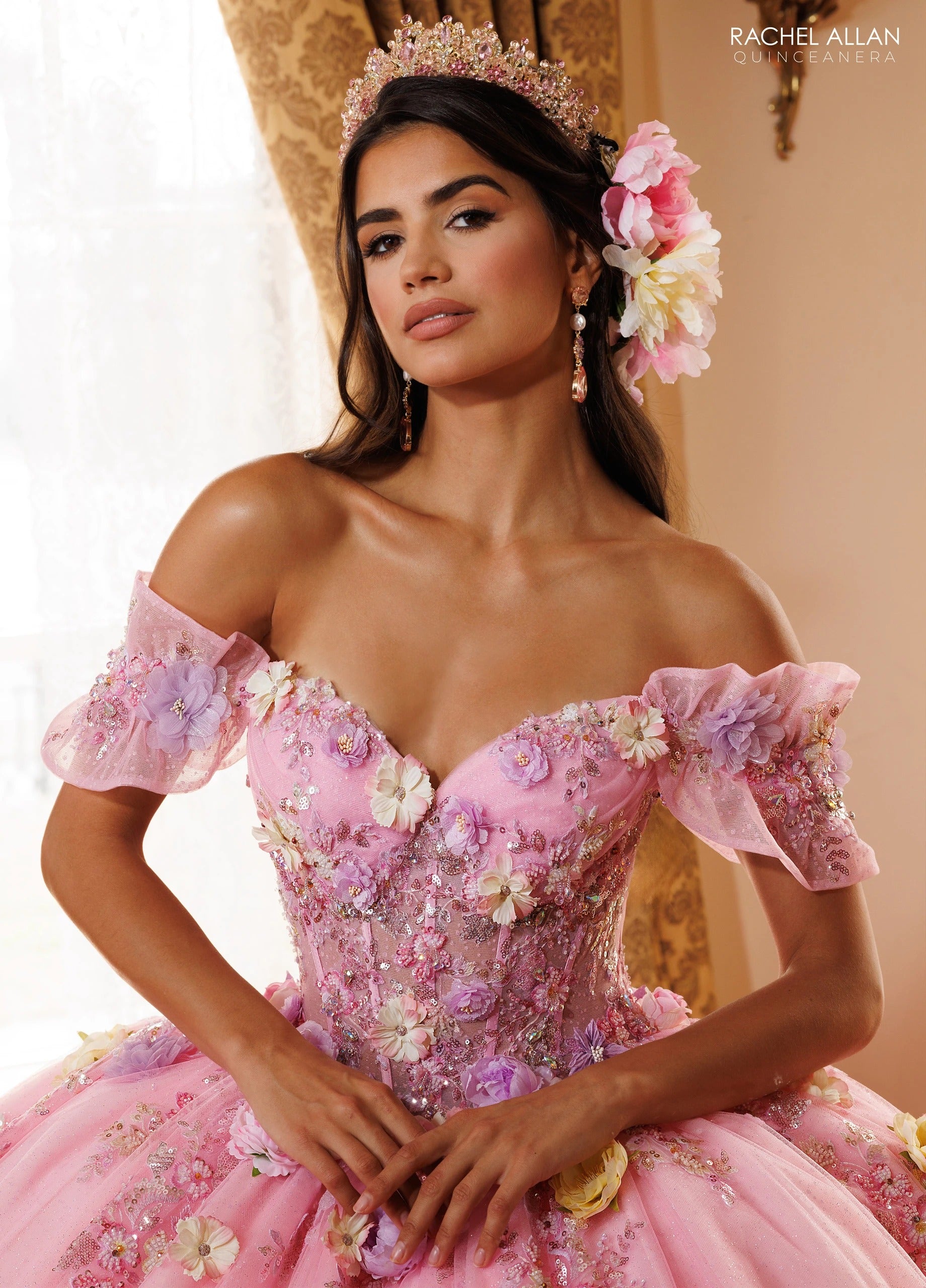 Off-the-Shoulder Floor-Length Tulle Quinceañe Ball Gown Rachel Allan RQ6022