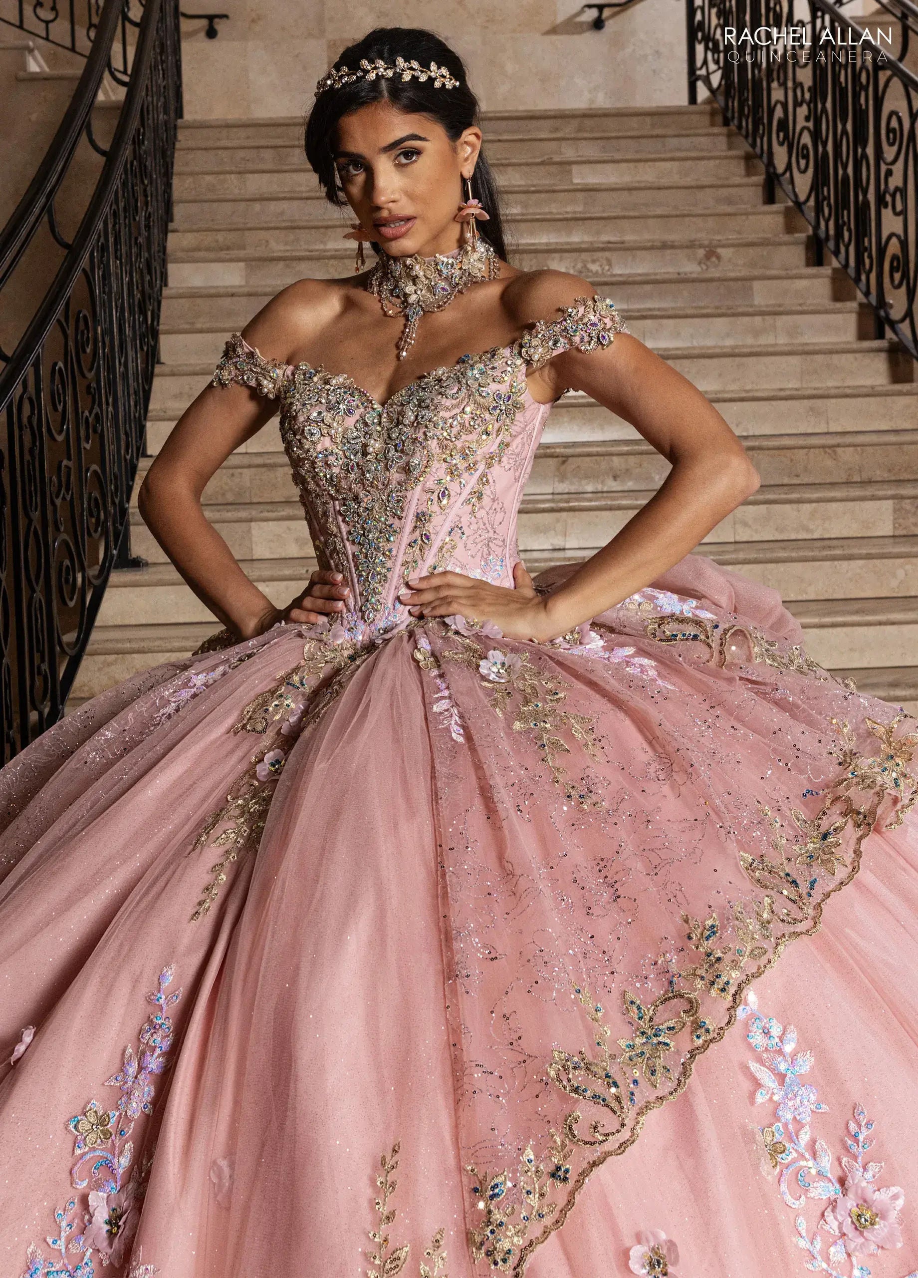 Rose Gold Off-the-Shoulder Floor-Length Sequin Quinceañera Dress with Floral Appliqué – Rachel Allan RQ6010