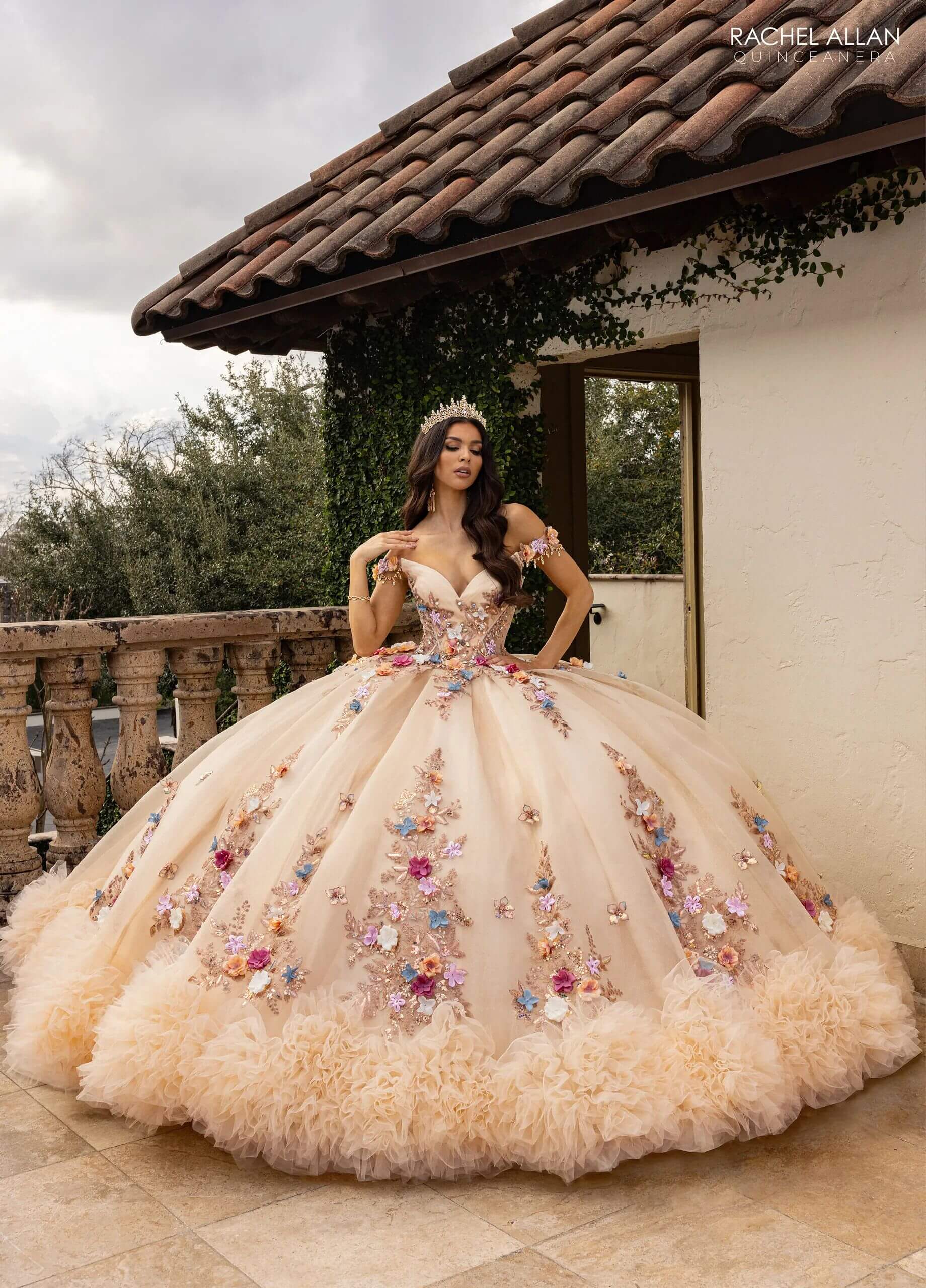 Blush Multi Sweetheart Floor Length Glitter Tulle Quinceanera Ball Gown with 3D Floral Applique Ruffled Hem Rachel Allan RQ6000