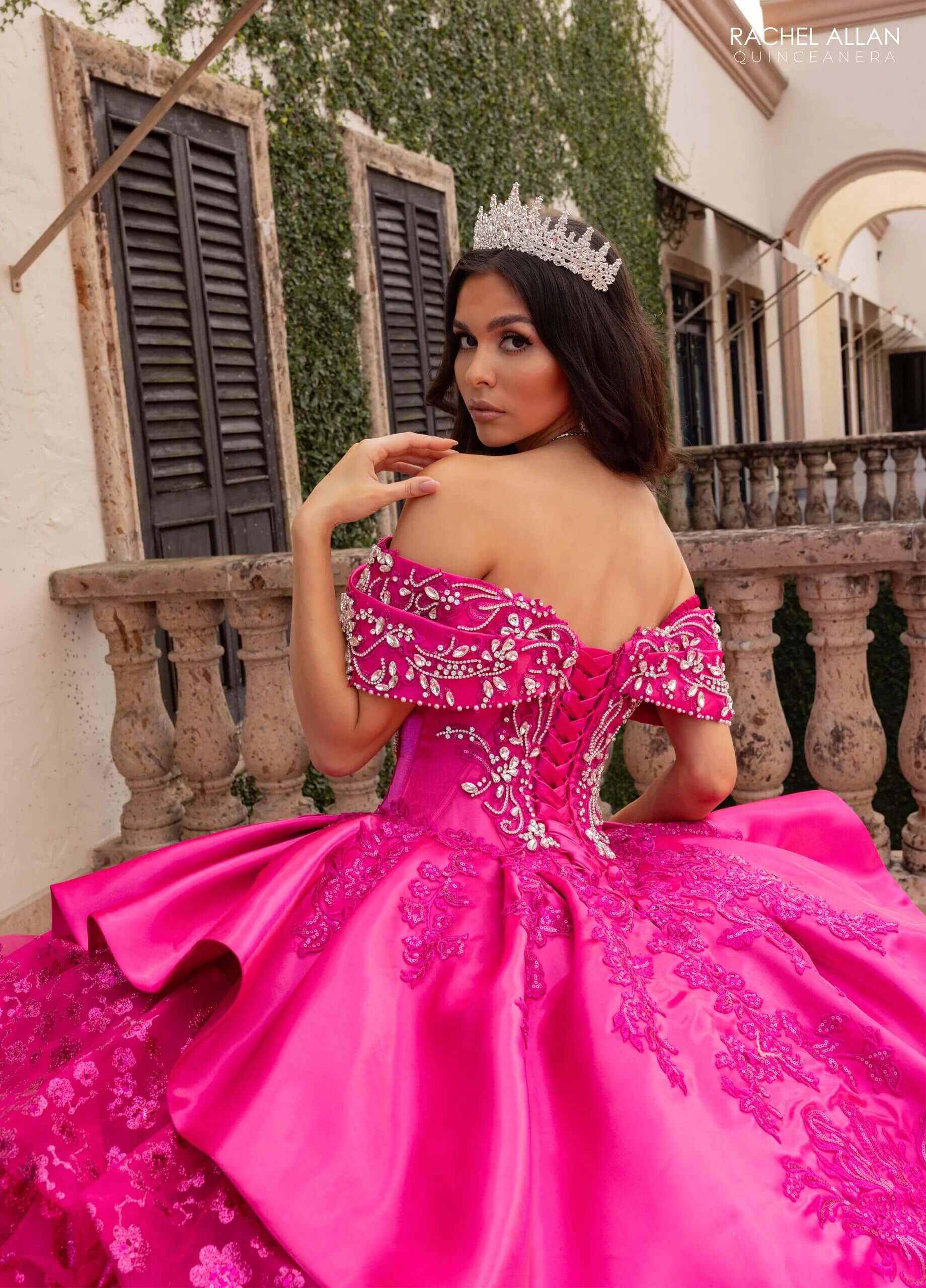 Fuchsia Off the Shoulder Floor Length Tulle Quinceanera Ball Gown with Beading Rachel Allan RQ6001