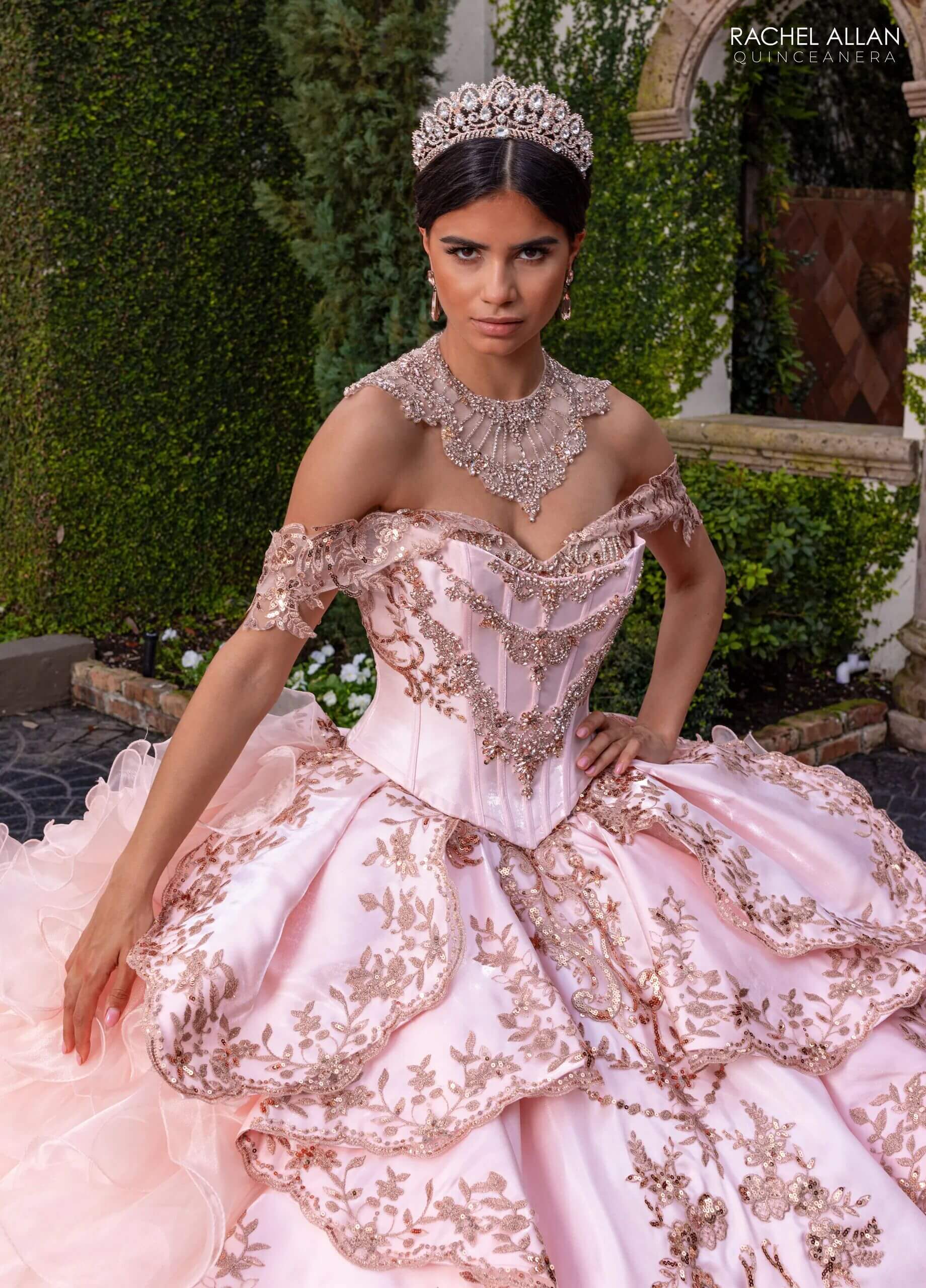 Rose Gold Off the Shoulder Floor Length Crystal Satin Quinceanera Ball Gown with Tiered Ruffle Train Rachel Allan RQ6004