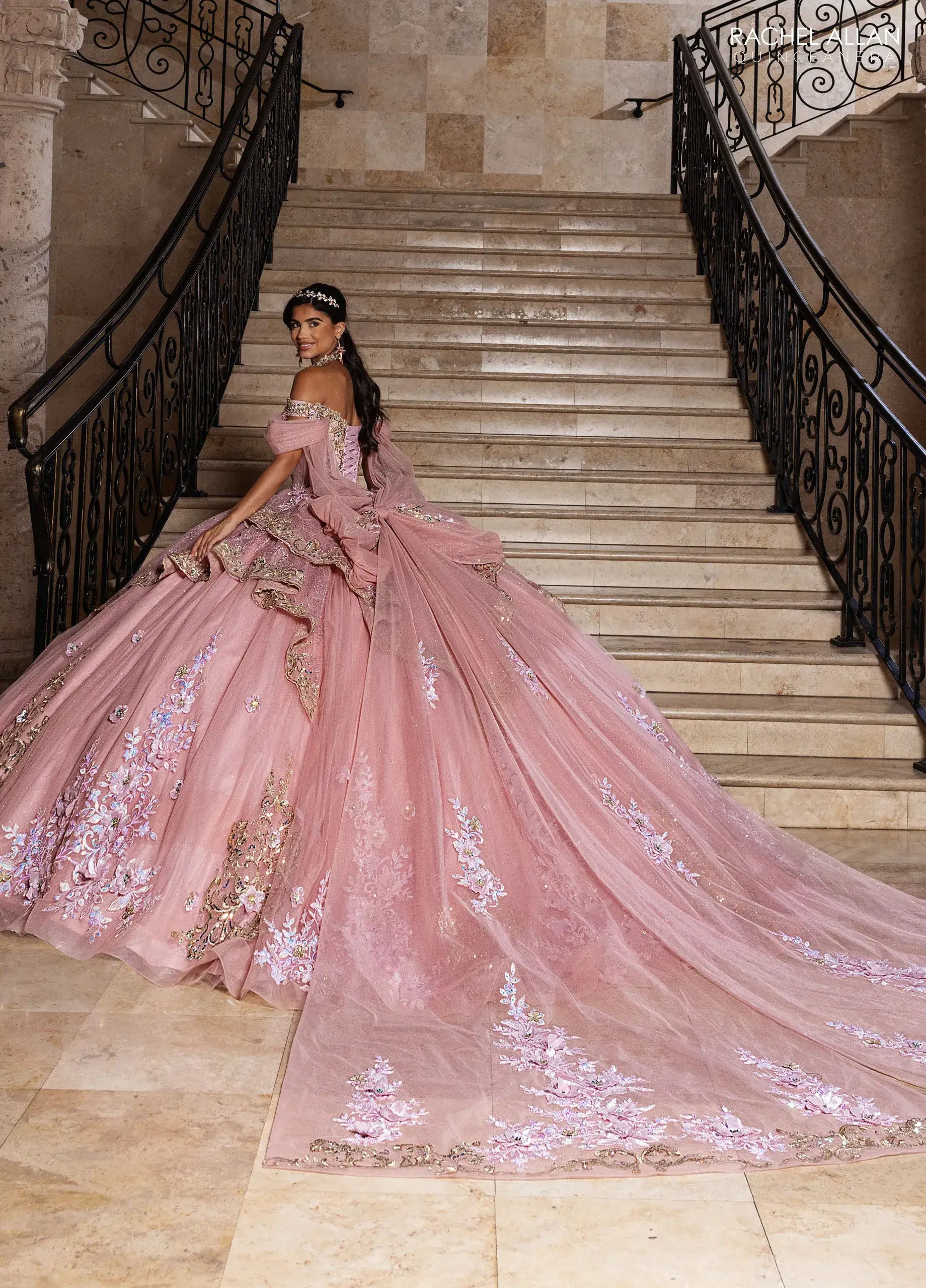 Rose Gold Off-the-Shoulder Floor-Length Sequin Quinceañera Dress with Floral Appliqué – Rachel Allan RQ6010