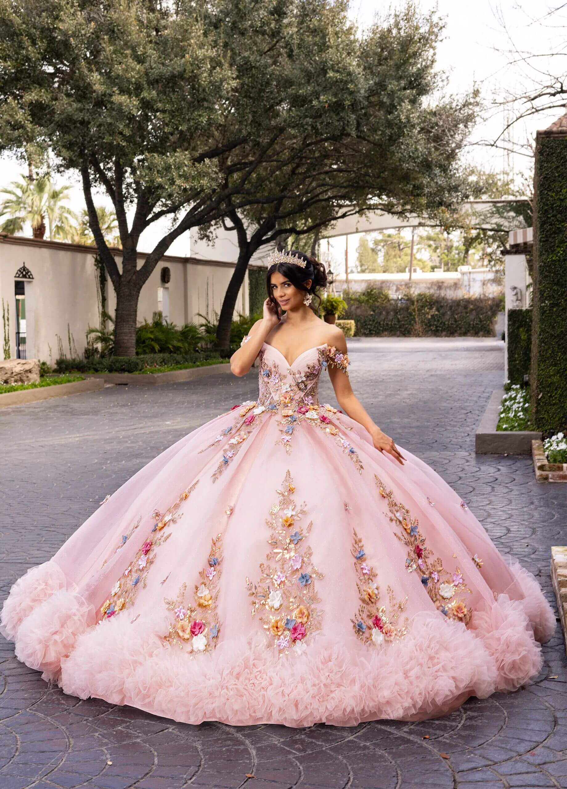 Champagne Multi Sweetheart Floor Length Glitter Tulle Quinceanera Ball Gown with 3D Floral Applique Ruffled Hem Rachel Allan RQ6000