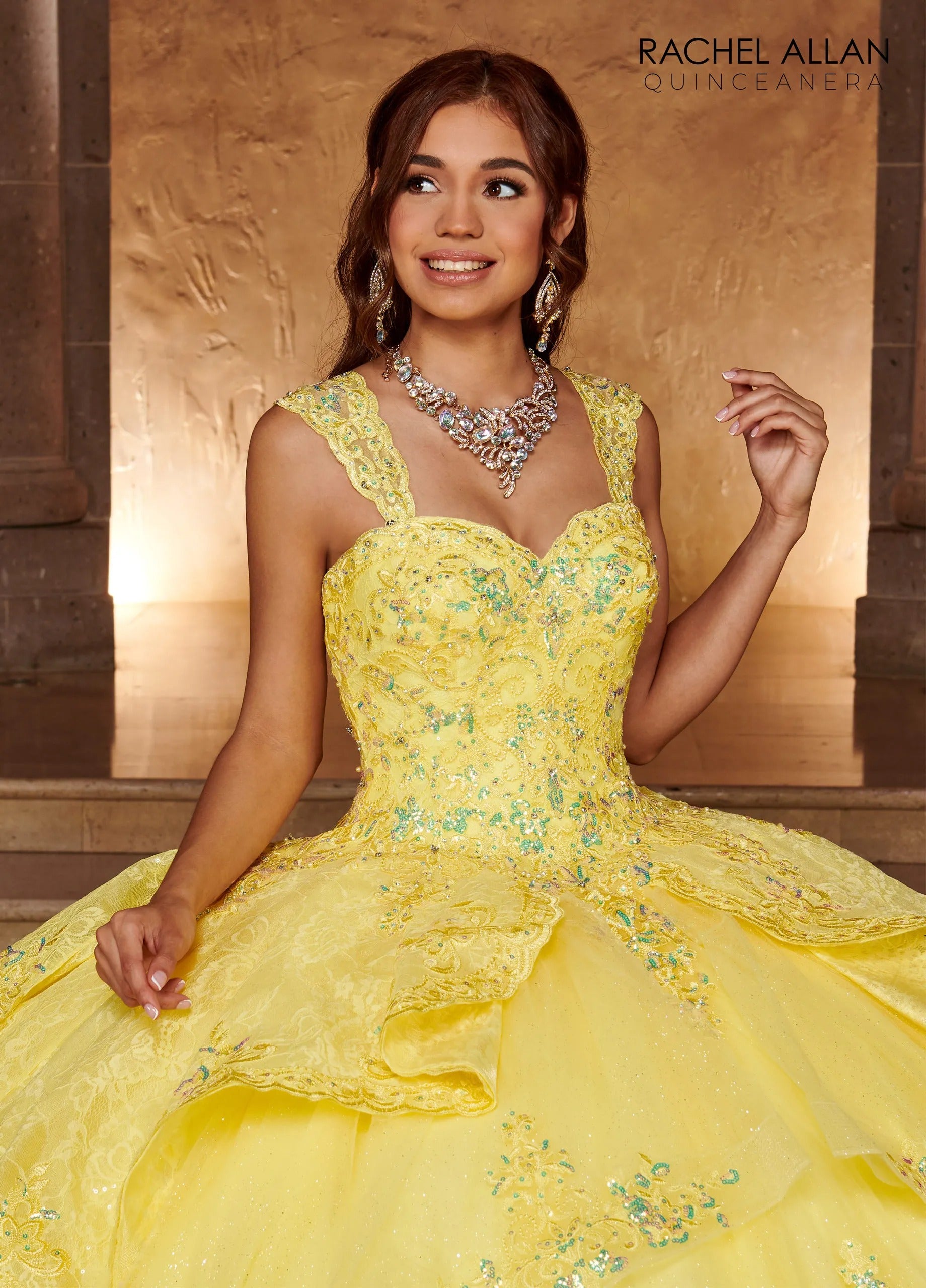 Yellow Sweetheart Floor Length Glitter Tulle Quinceanera Ball Gown with Lace Bodice Rachel Allan RQ3105