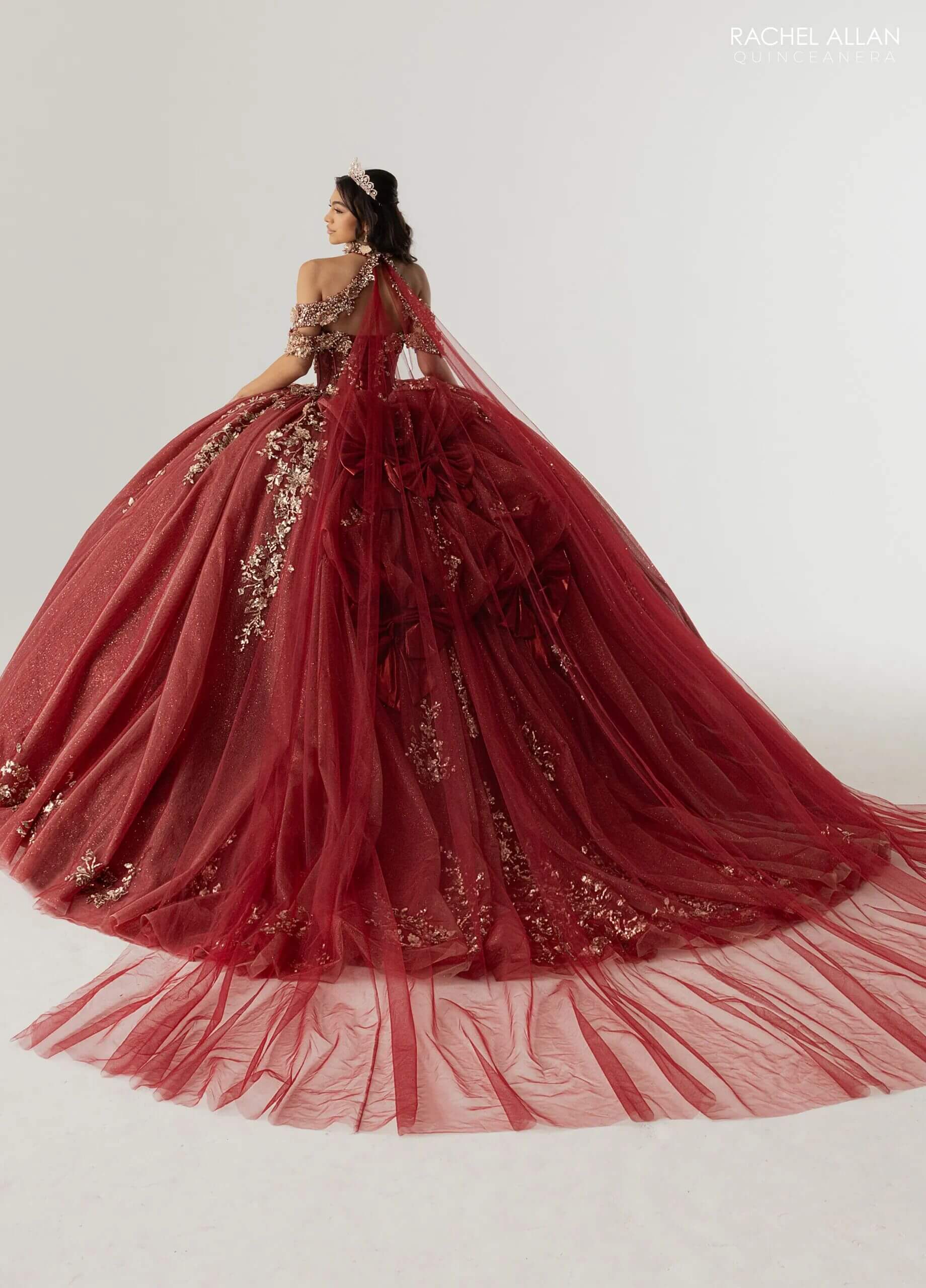 Wine Gold Off the Shoulder Floor Length Glitter Tulle Quinceanera Ball Gown Rachel Allan RQ3178