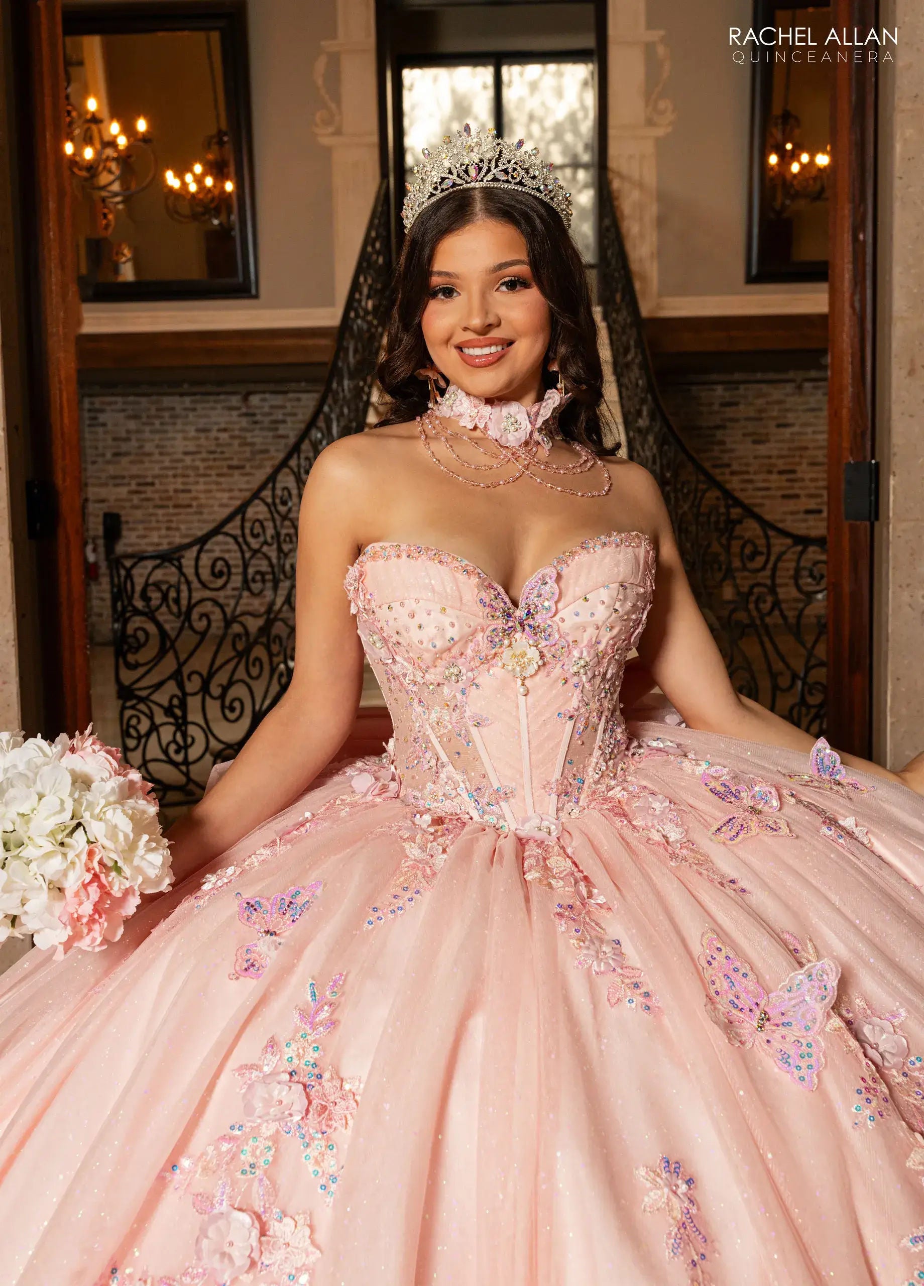 Blush Off-the-Shoulder Floor-Length Tulle Gown with Corset Bodice Quinceañera Gown Rachel Allan RQ3176