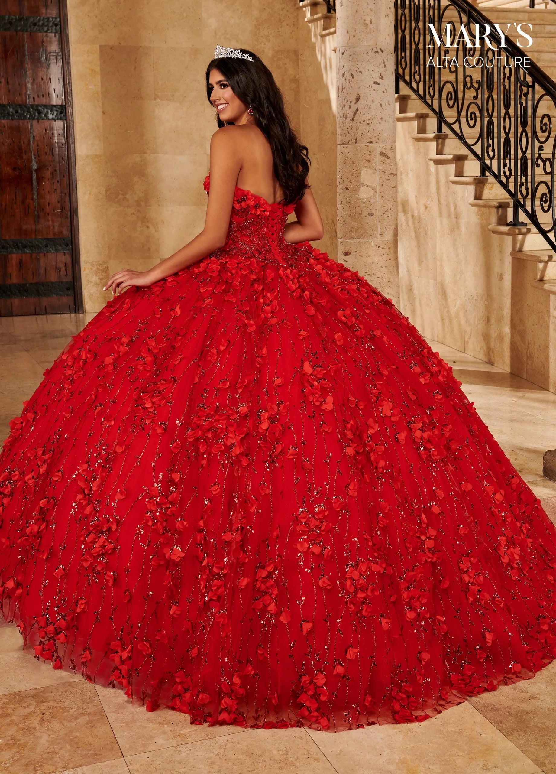 Red Strapless Floor-Length Glitter Tulle Quinceanera Ball Gown with Matching Cape Rachel Allan MQ3075 Rachel Allan MQ3075