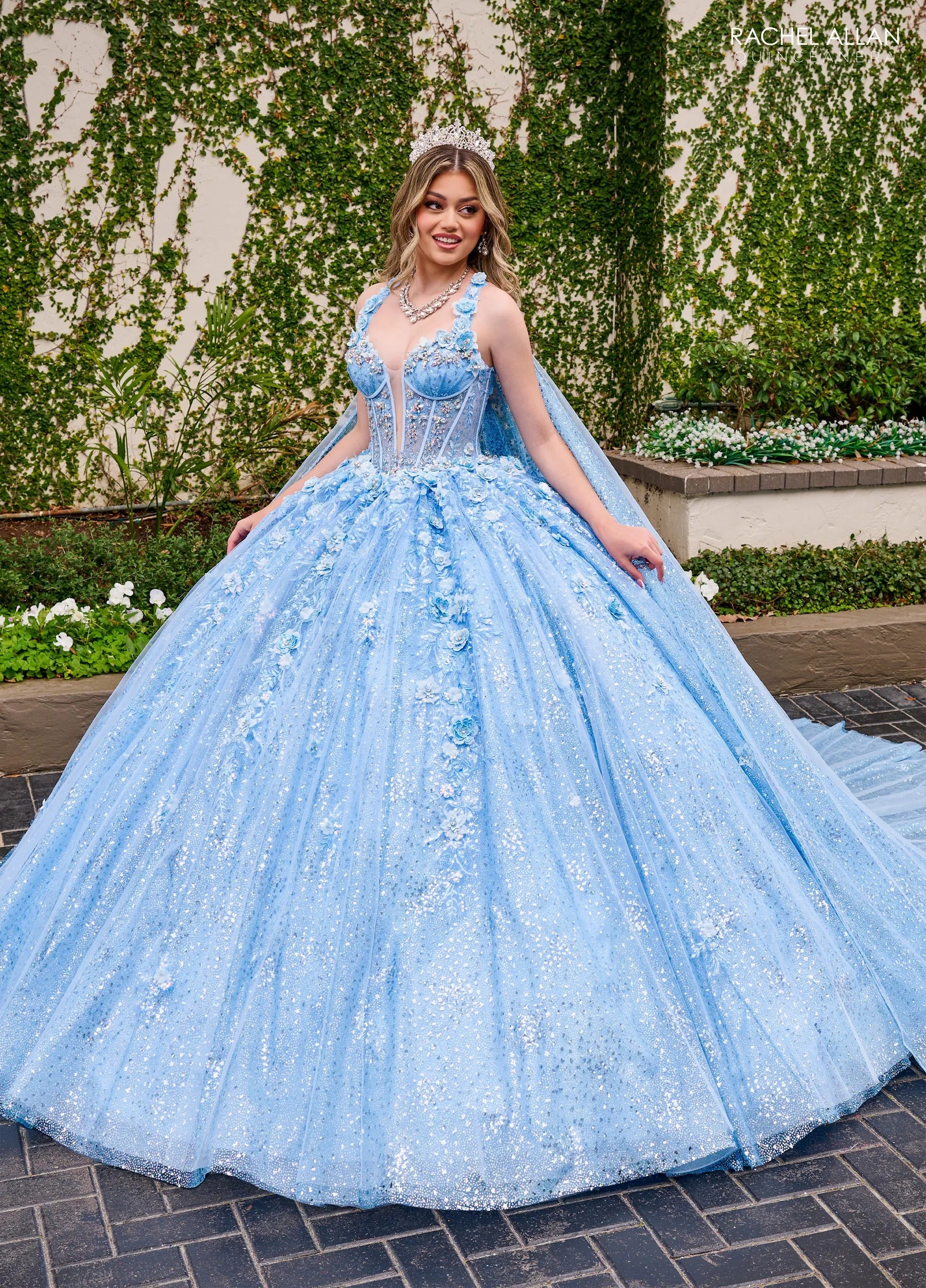 Light Blue Sweetheart Floor Length Sequin Tulle Quinceanera Ball Gown with Floral Applique Rachel Allan RQ3135