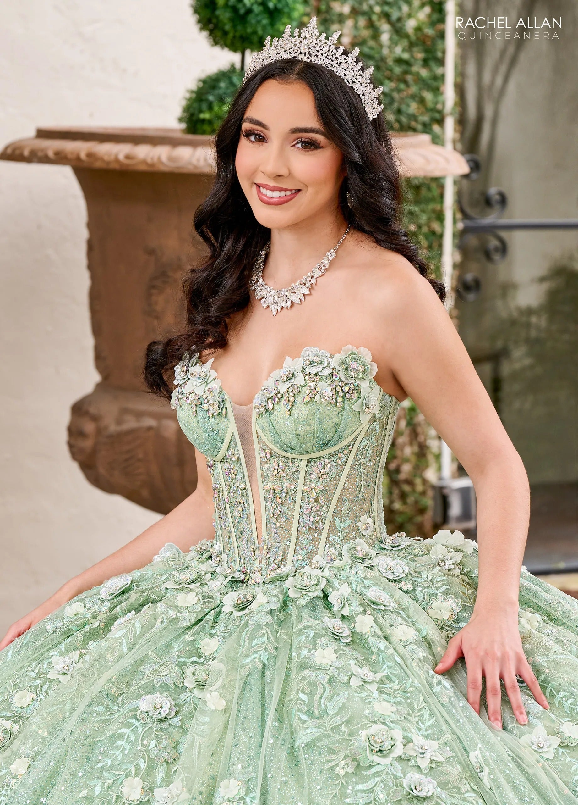 Sage Sweetheart Floor Length Sequin Tulle Quinceanera Ball Gown with Floral Applique Rachel Allan RQ3135