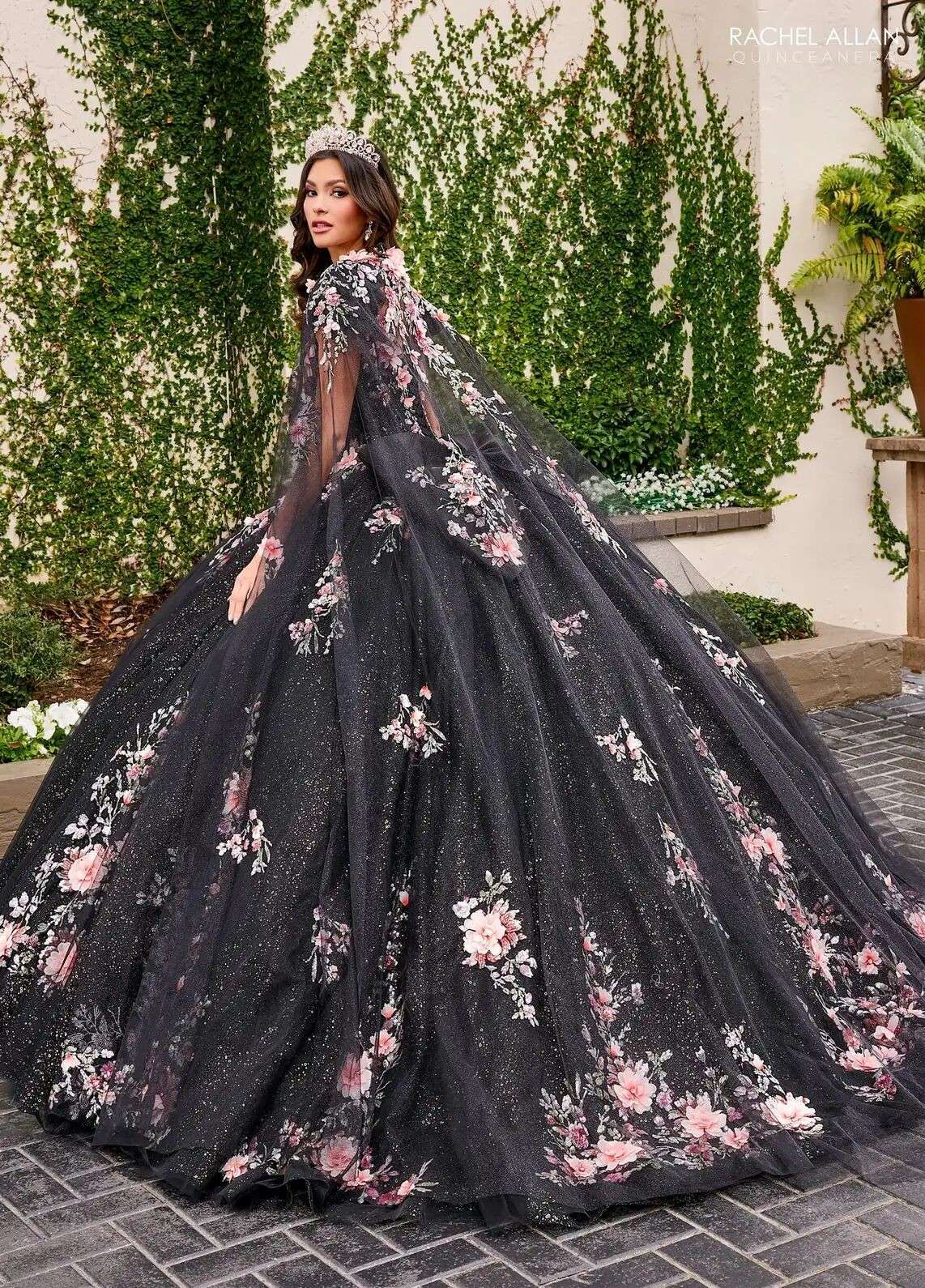 Black Multi Sweetheart Floor Length Tulle Quinceanera Ball Gown with Floral Applique Rachel Allan RQ3132