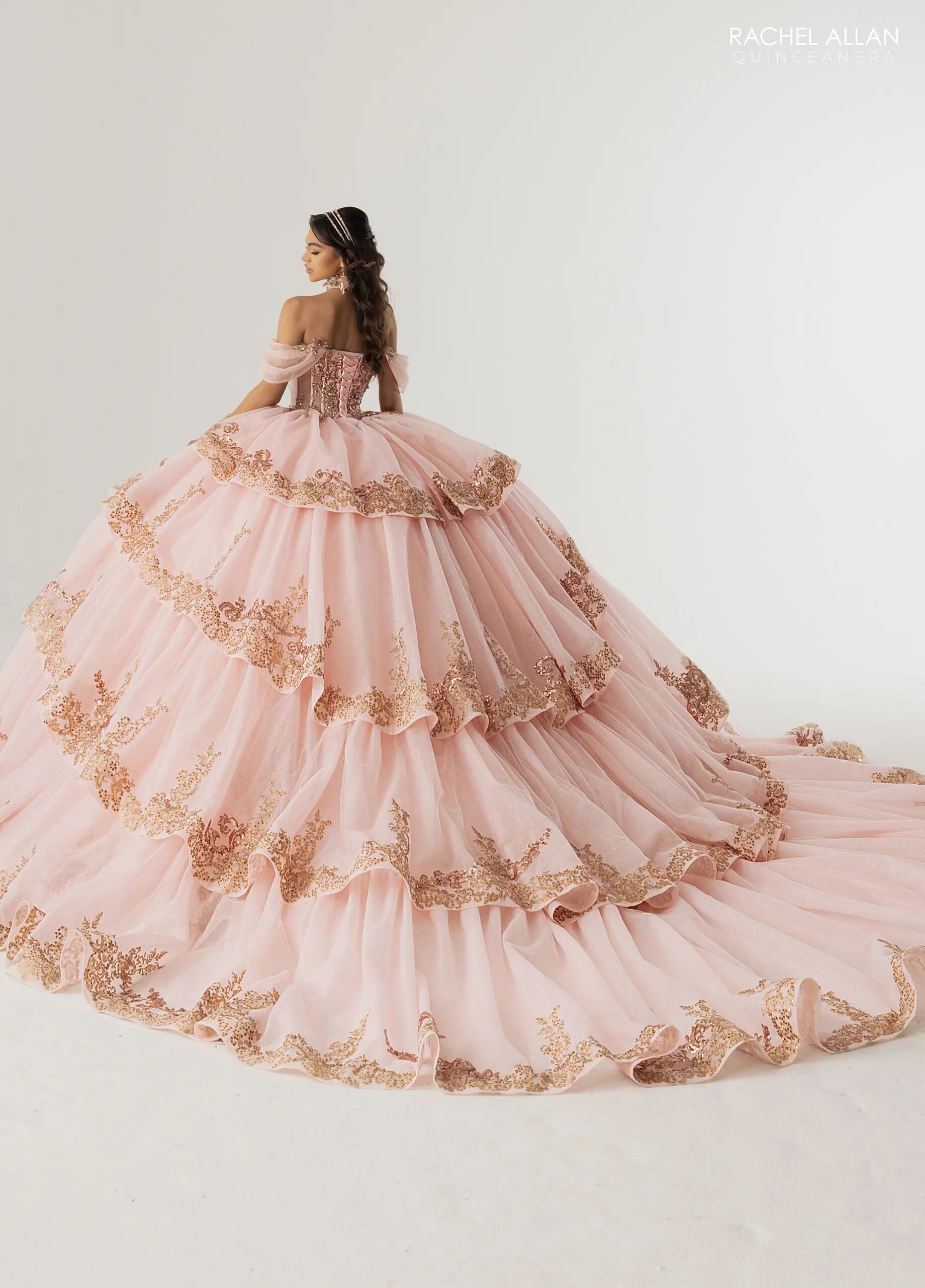 Blush Rose Gold Sweetheart Floor-Length Glitter Tulle Quinceañera Gown with Detachable Train Rachel Allan RQ3175