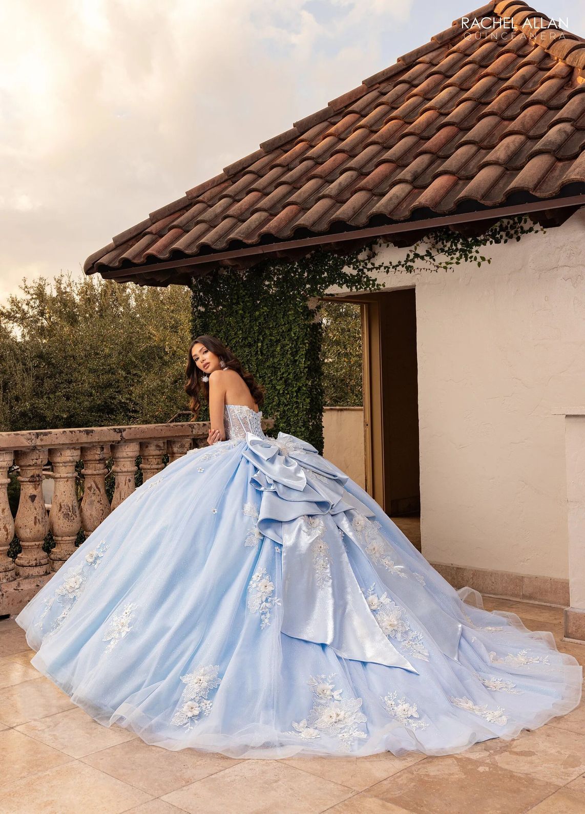 Powder Blue White Sweetheart Floor Length Glitter Tulle Quinceanera Ball Gown with Floral Applique Rachel Allan RQ3156