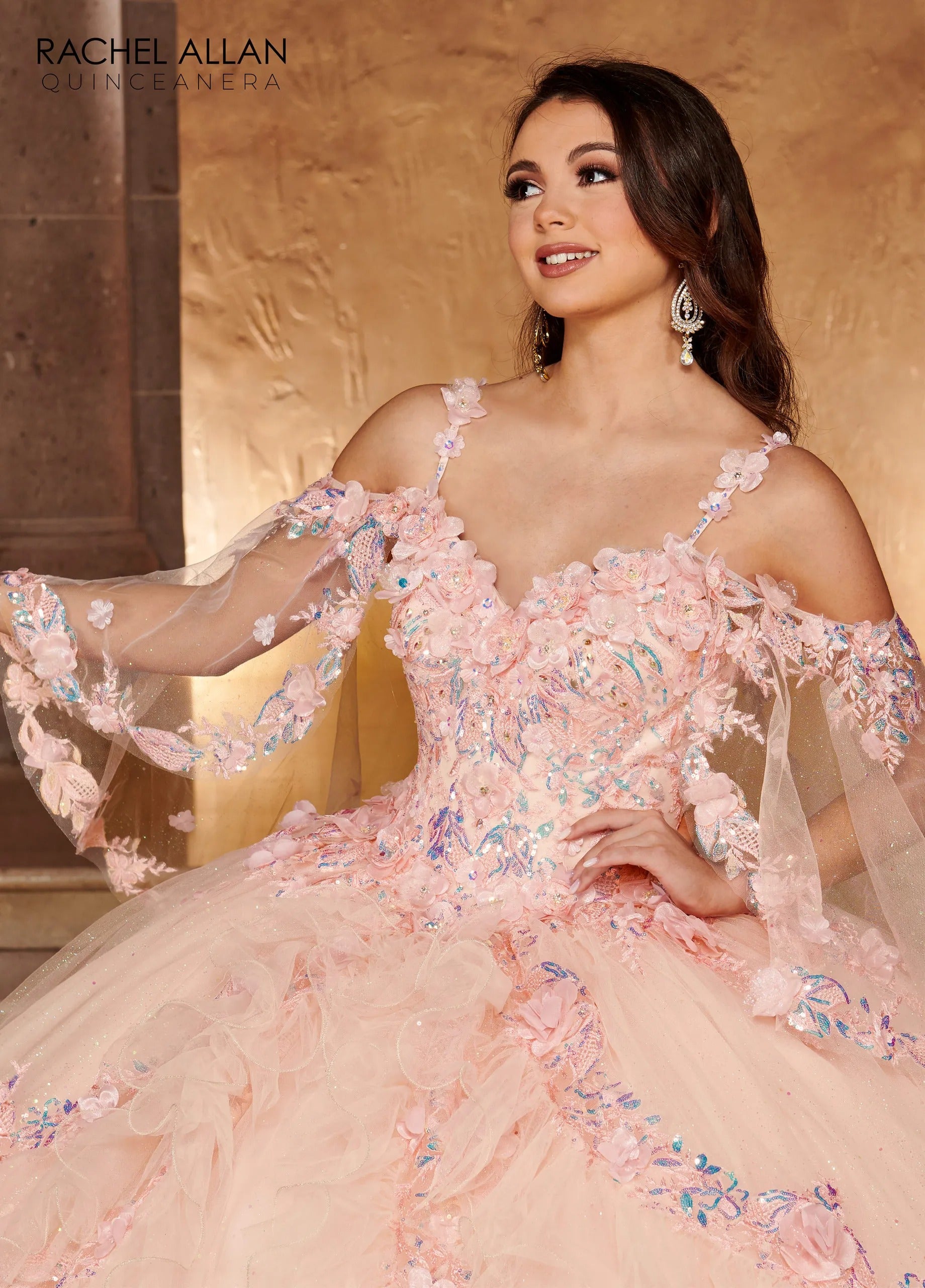 Blush Sweetheart Floor Length Glitter Tulle Quinceanera Ball Gown with Tiered Ruffle Skirt Rachel Allan RQ3103