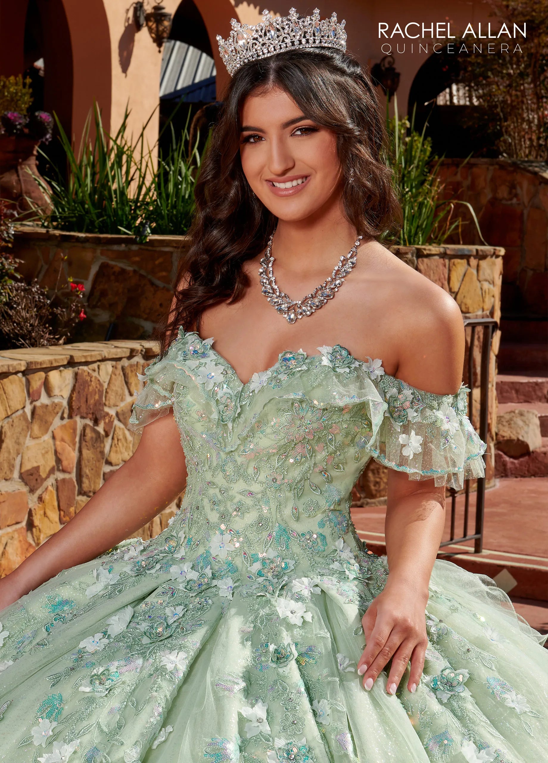 Sage Off-the-Shoulder Floor-Length Glitter Tulle Quinceañera Ball Gown with Beaded 3D Flowers Rachel Allan RQ3120