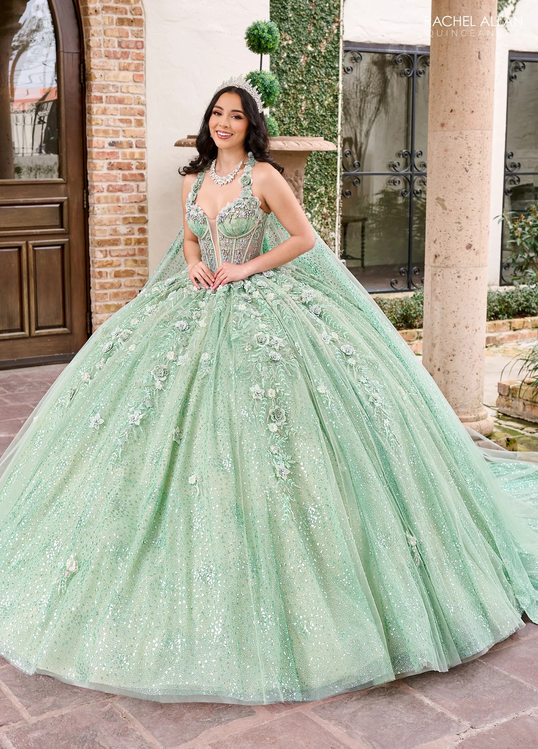 Sage Sweetheart Floor Length Sequin Tulle Quinceanera Ball Gown with Floral Applique Rachel Allan RQ3135