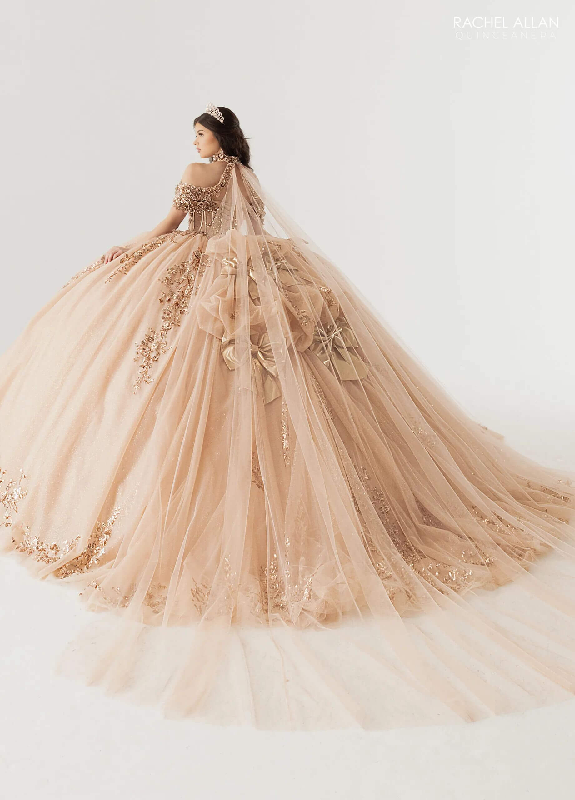 Rose Gold Off the Shoulder Floor Length Glitter Tulle Quinceanera Ball Gown Rachel Allan RQ3178