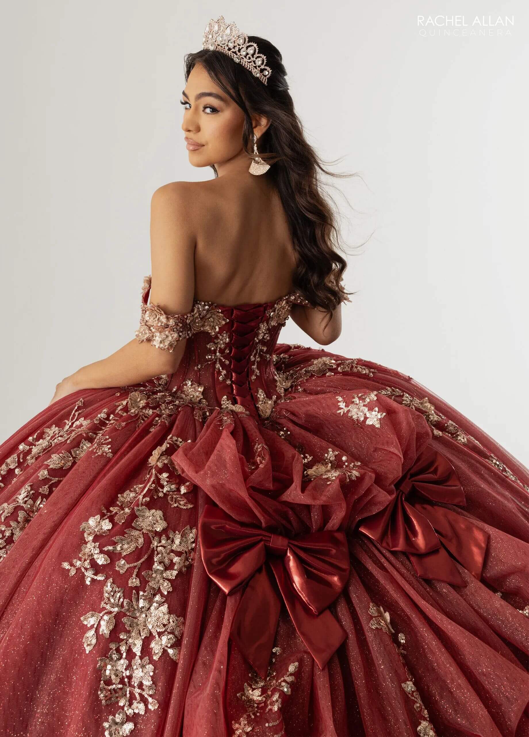 Wine Gold Off the Shoulder Floor Length Glitter Tulle Quinceanera Ball Gown Rachel Allan RQ3178