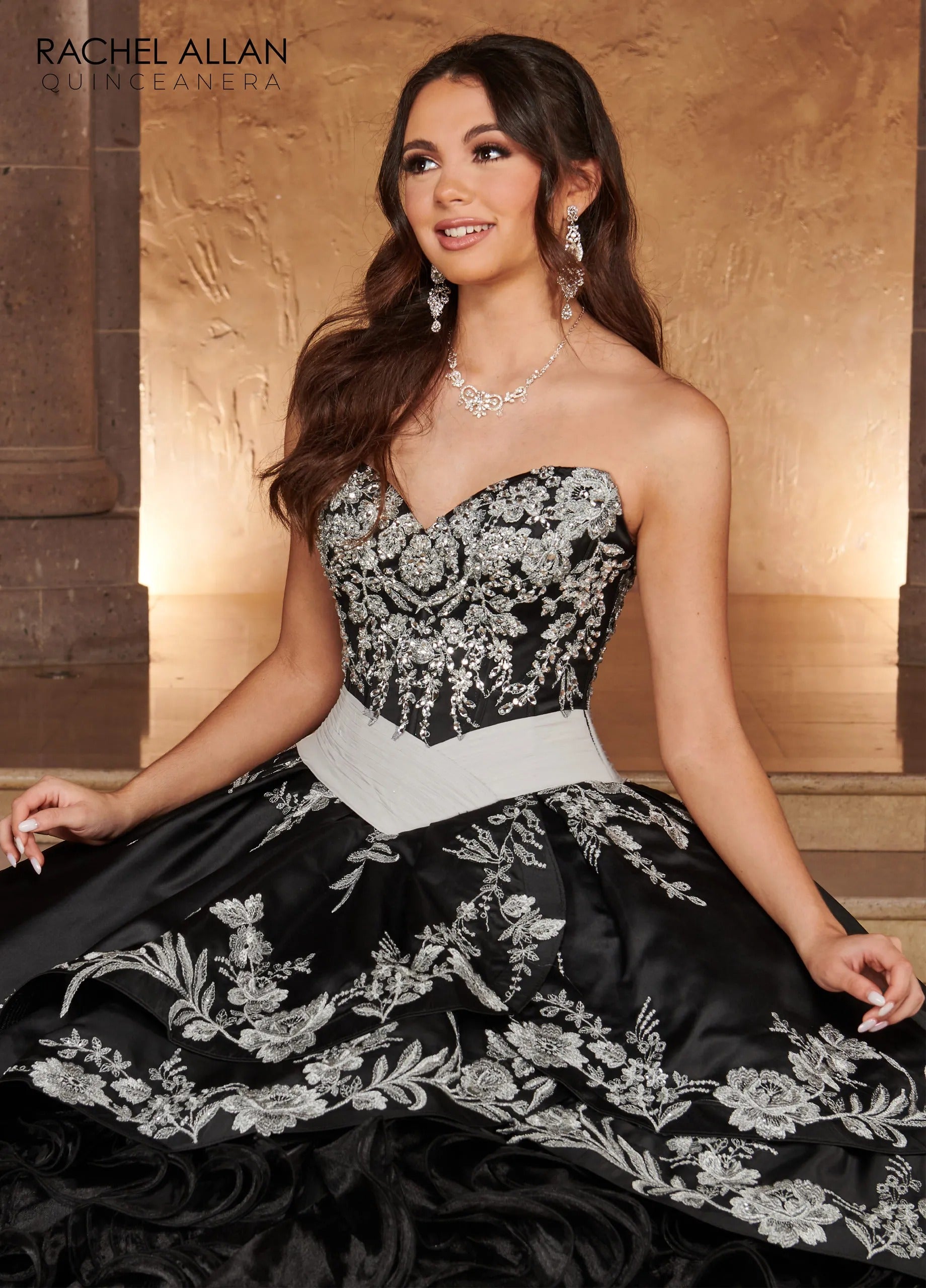 Black Silver Sweetheart Floor Length Satin Quinceanera Ball Gown with Ruffle Skirt Rachel Allan RQ3104