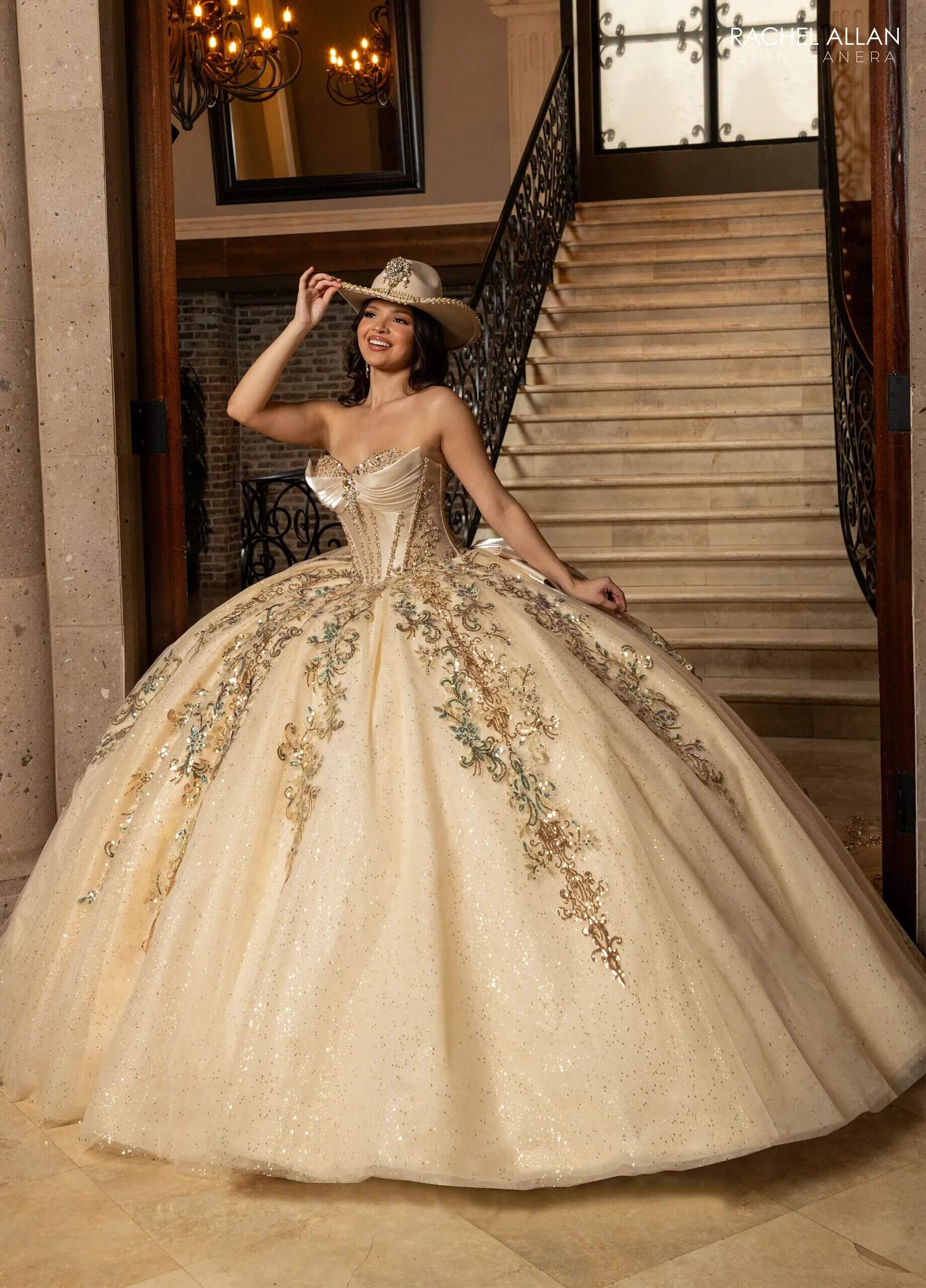 Champagne Gold Strapless Floor-Length Glitter Tulle Quinceañera Gown with Detachable Train and Bow Rachel Allan RQ3172