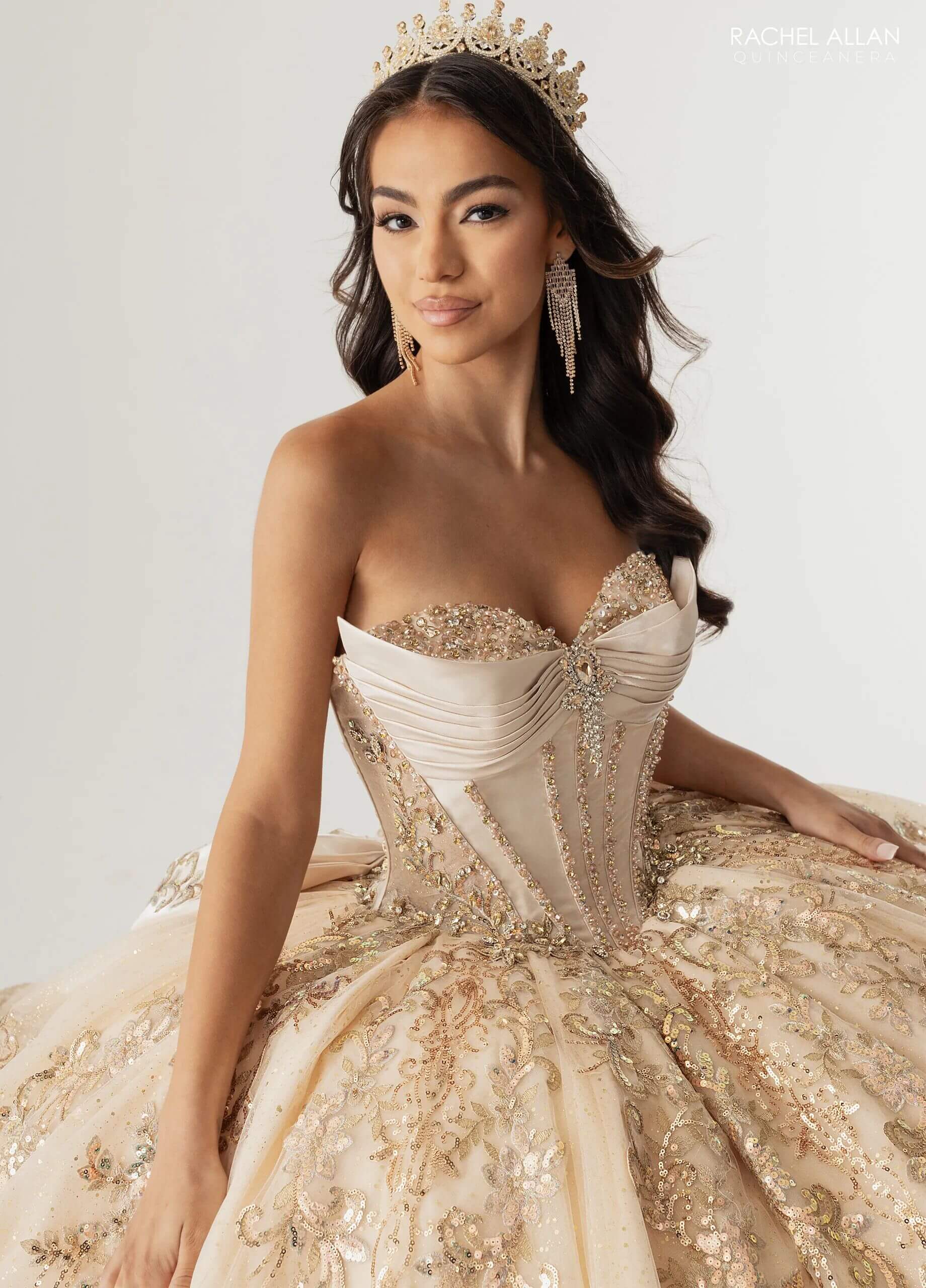 Champagne Gold Strapless Floor-Length Glitter Tulle Quinceañera Gown with Detachable Train and Bow Rachel Allan RQ3172