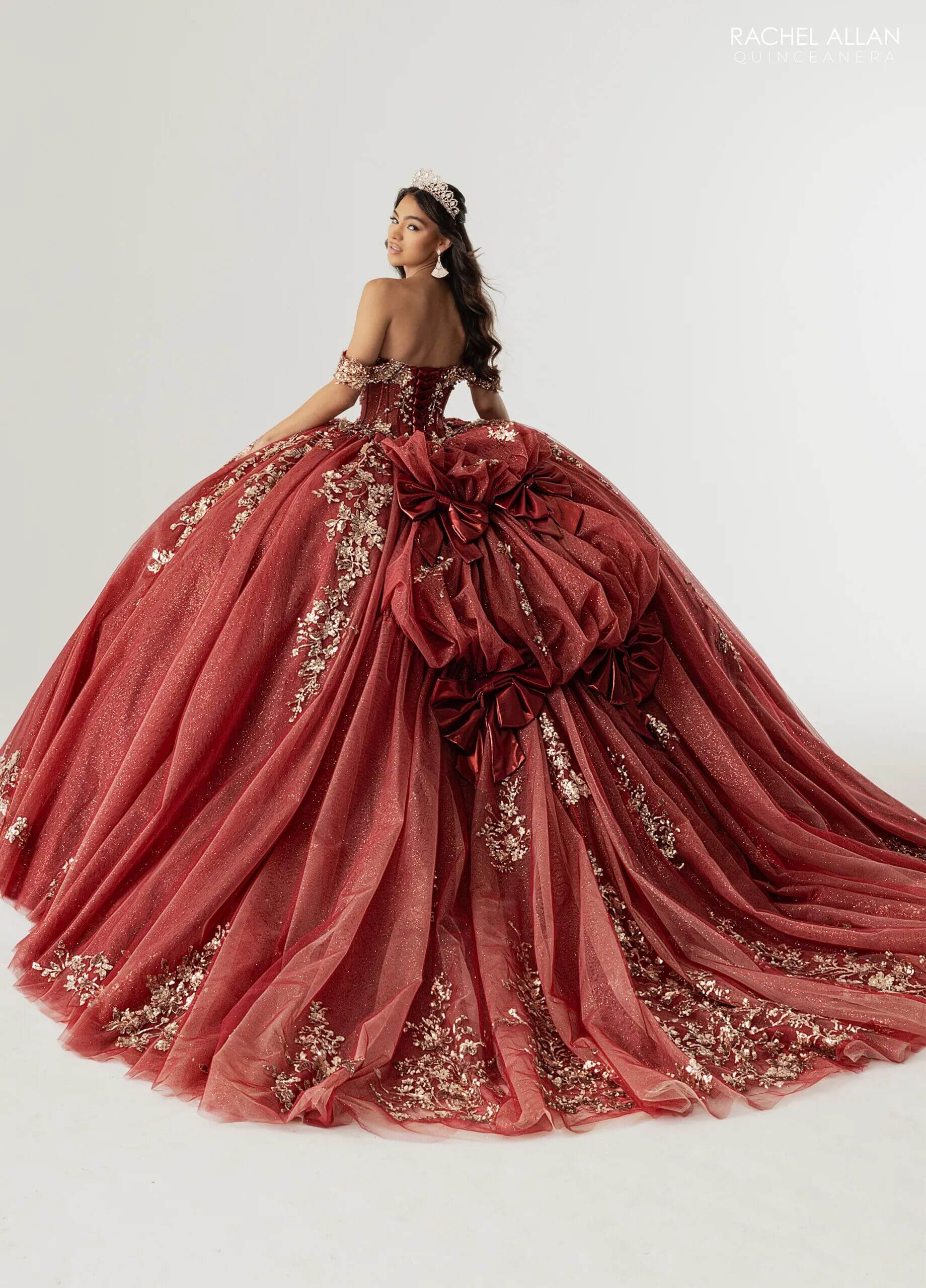 Wine Gold Off the Shoulder Floor Length Glitter Tulle Quinceanera Ball Gown Rachel Allan RQ3178