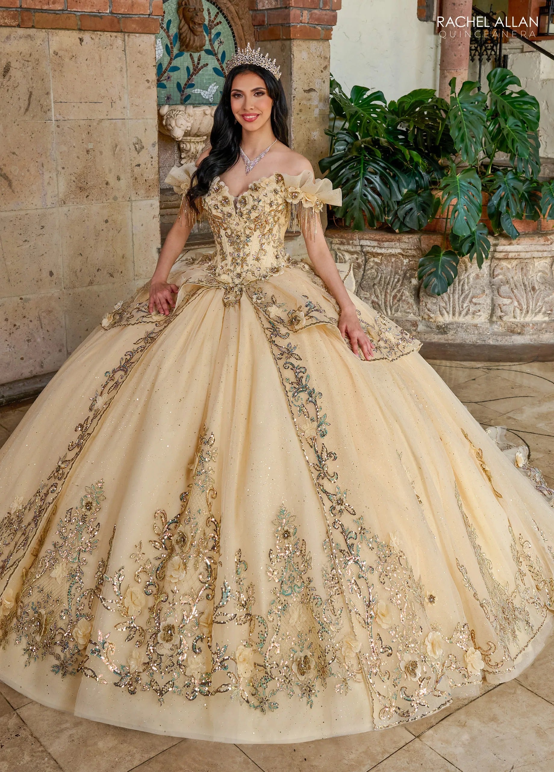 Champagne Gold Sweetheart Floor Length Glitter Tulle Quinceanera Ball Gown Rachel Allan RQ3137