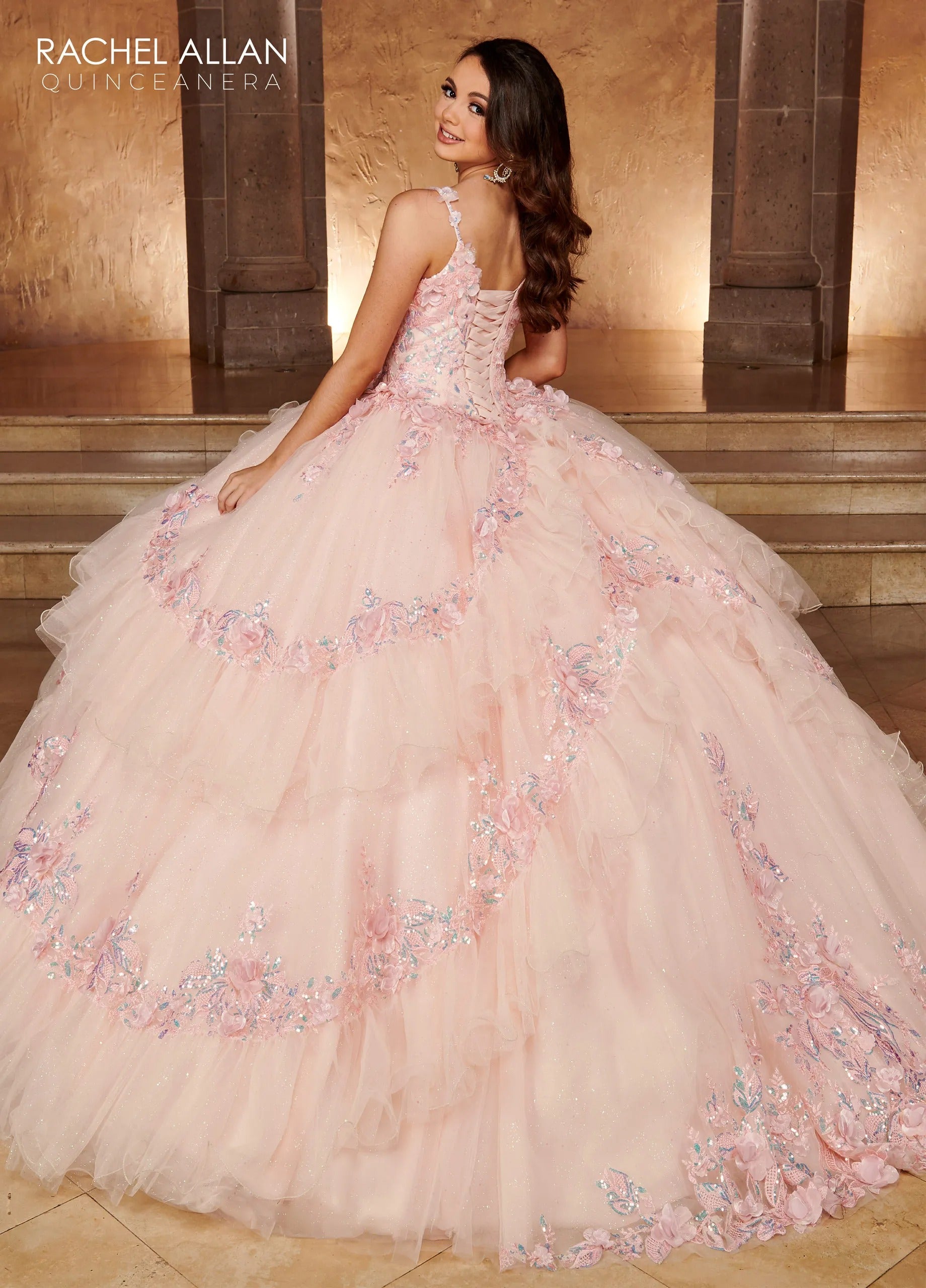 Blush Sweetheart Floor Length Glitter Tulle Quinceanera Ball Gown with Tiered Ruffle Skirt Rachel Allan RQ3103