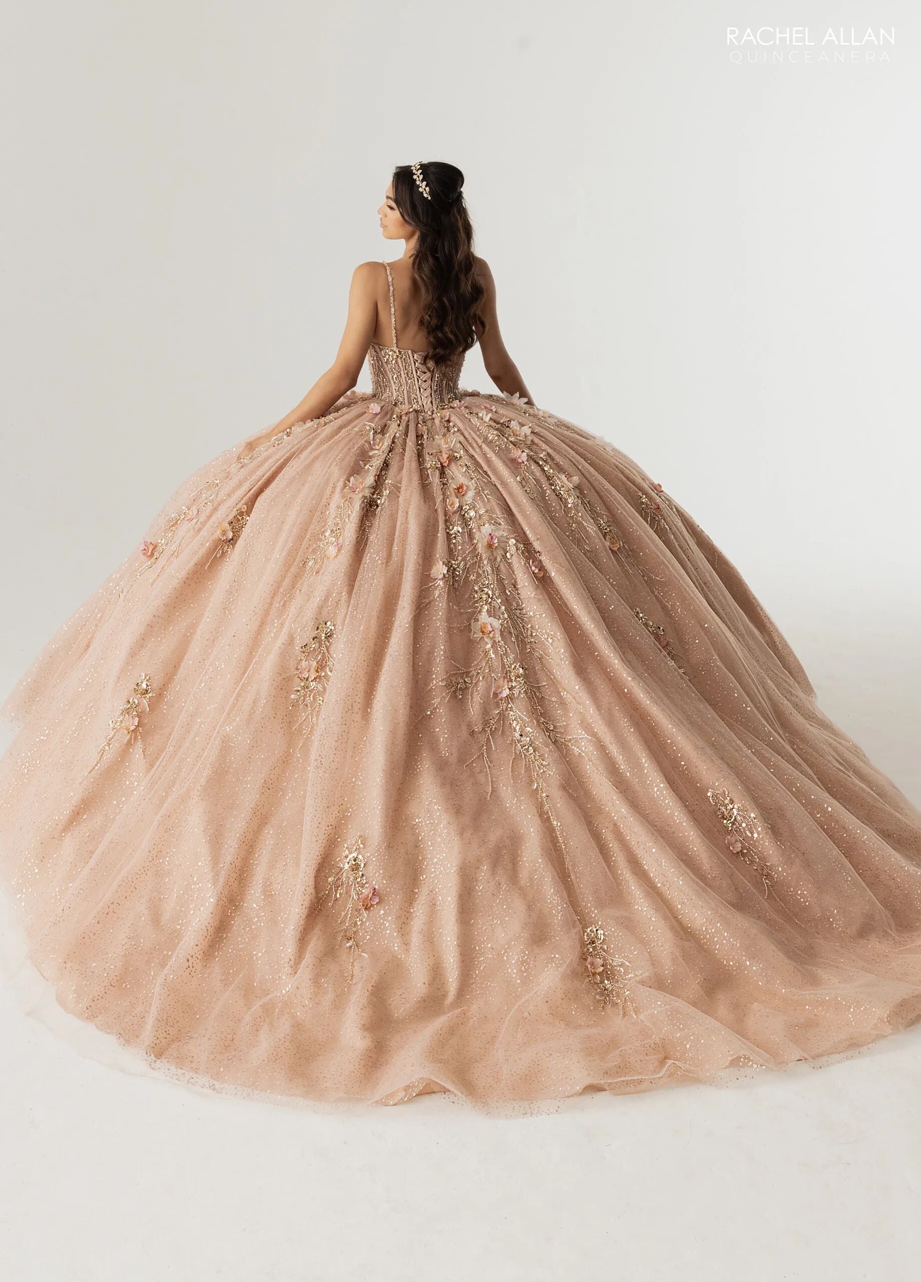 Nude Rose Gold Sweetheart Glitter Tulle Quinceañera Train Rachel Allan RQ3170