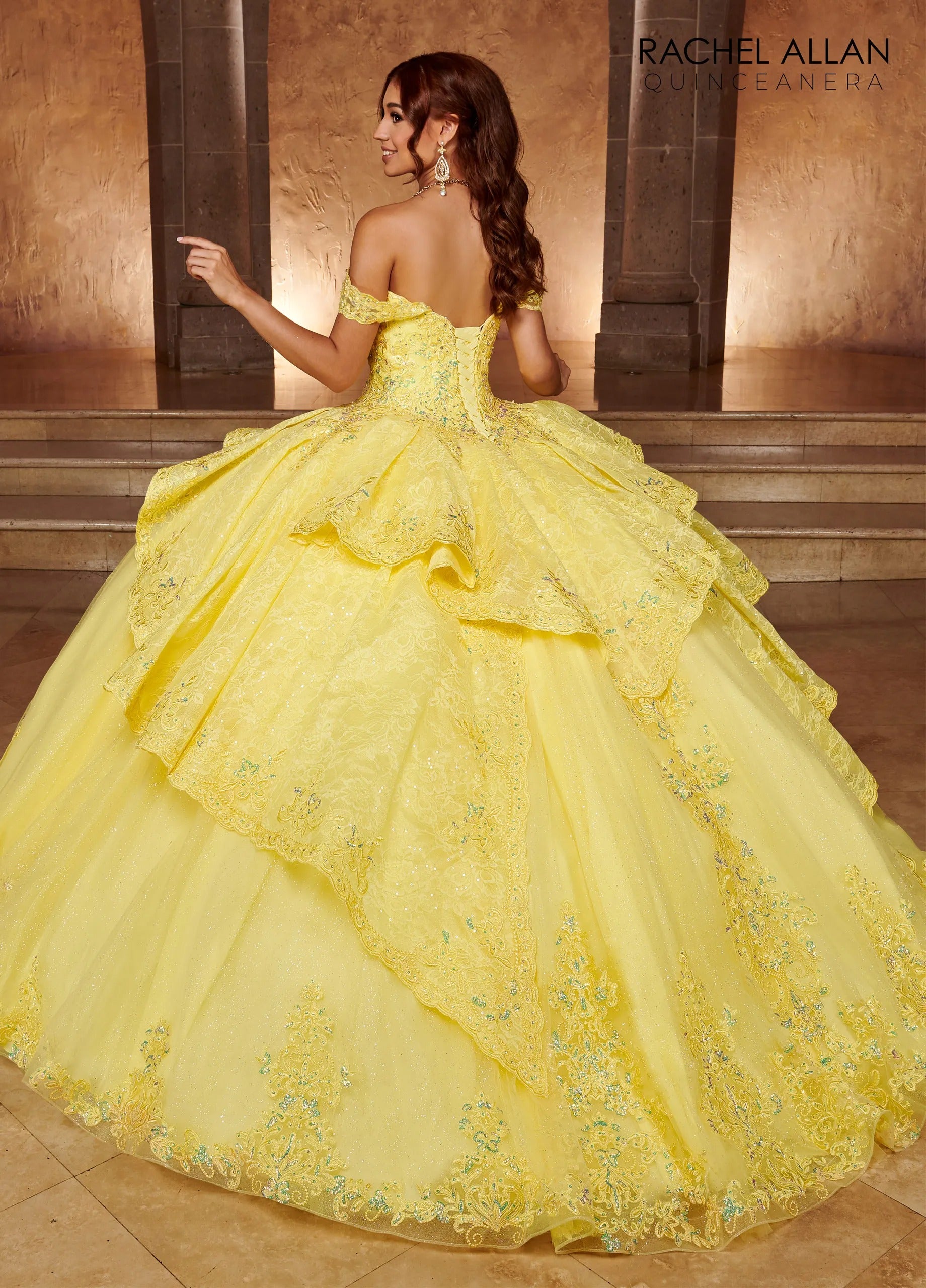 Yellow Sweetheart Floor Length Glitter Tulle Quinceanera Ball Gown with Lace Bodice Rachel Allan RQ3105